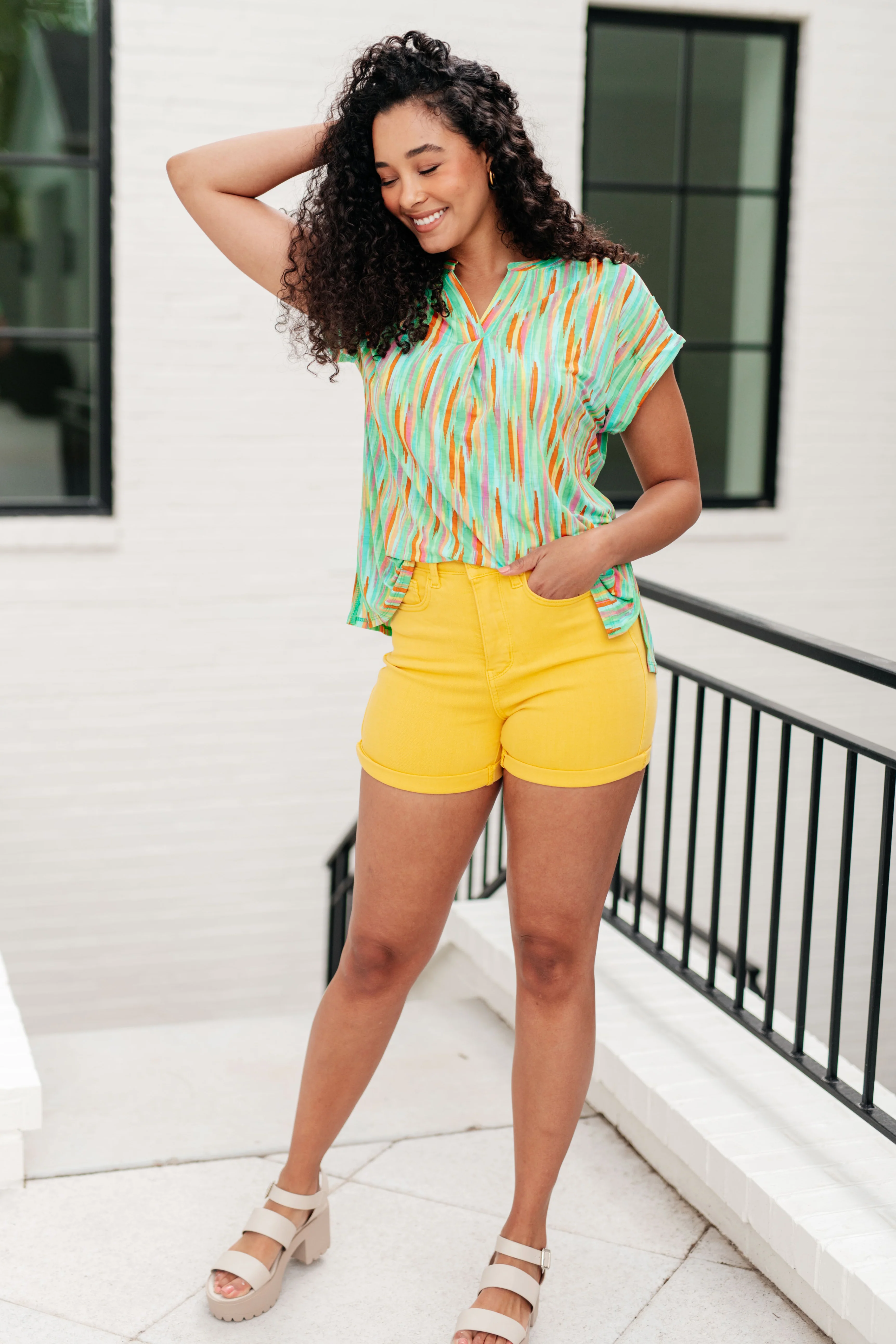 Lizzy Cap Sleeve Top in Lime and Emerald Multi Stripe - 5/17/2024 - Image 4