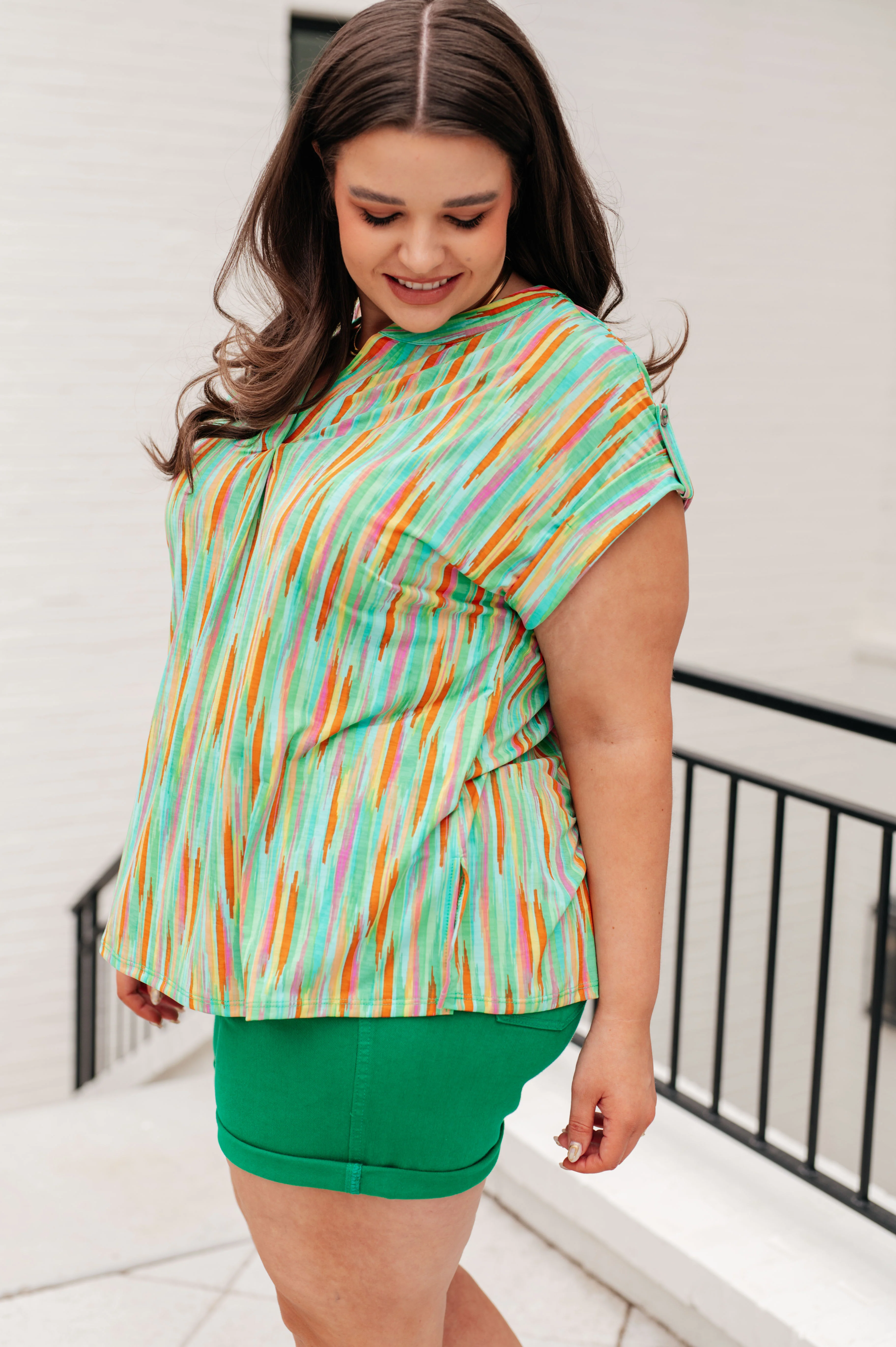 Lizzy Cap Sleeve Top in Lime and Emerald Multi Stripe - 5/17/2024 - Image 5