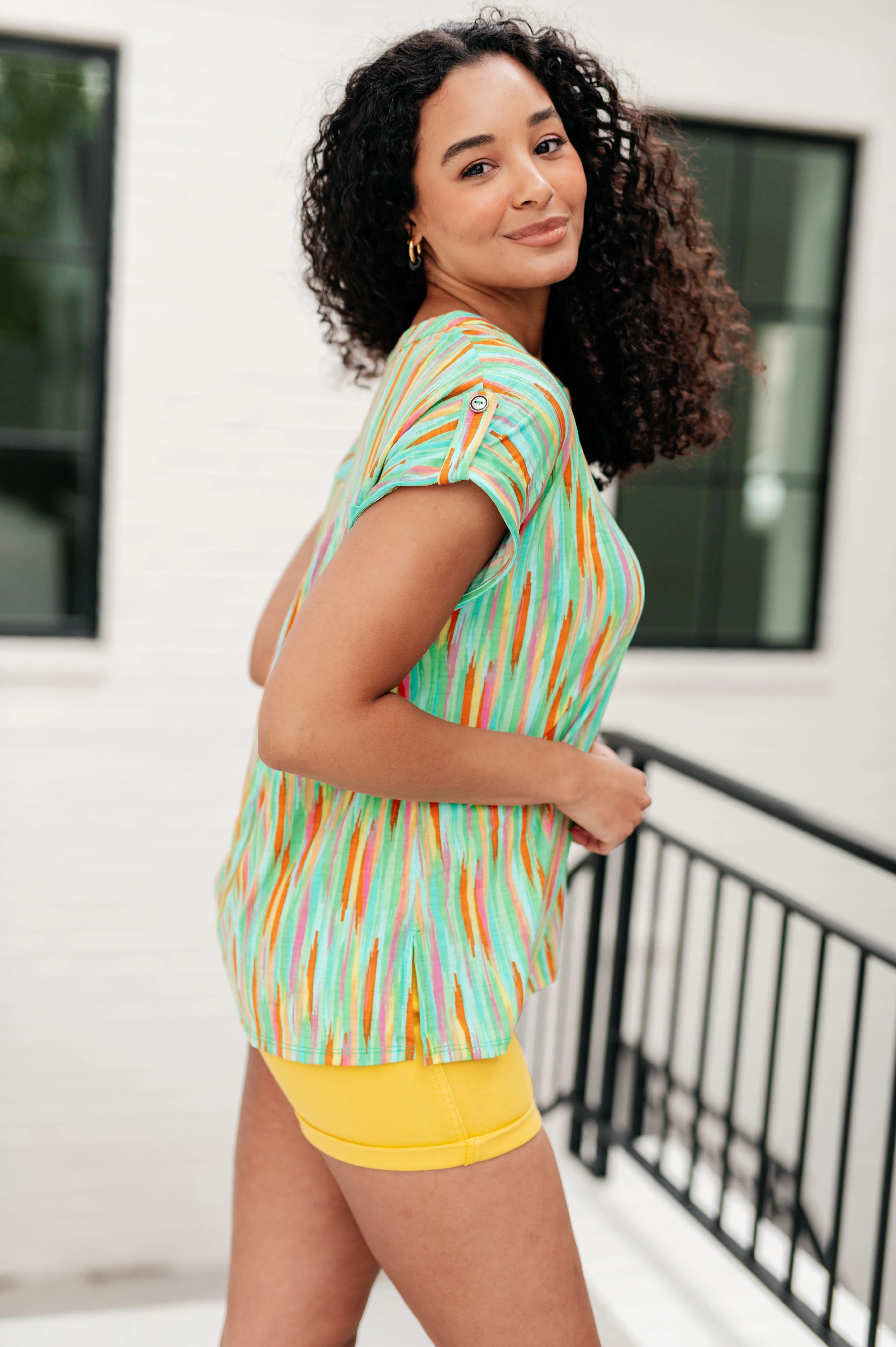 Lizzy Cap Sleeve Top in Lime and Emerald Multi Stripe - 5/17/2024 - Image 6