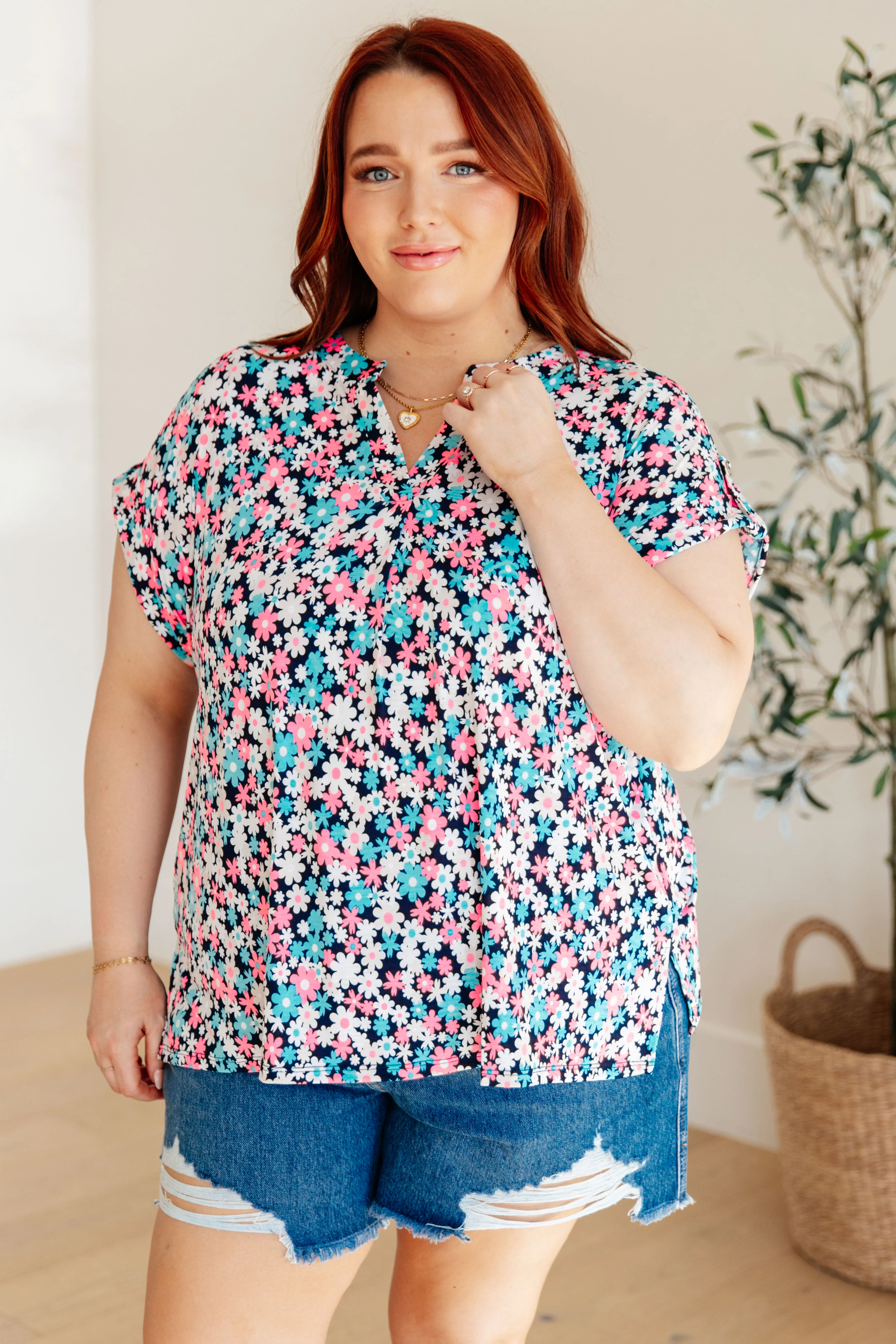 Lizzy Cap Sleeve Top in Navy and Hot Pink Floral - 3/22/2024