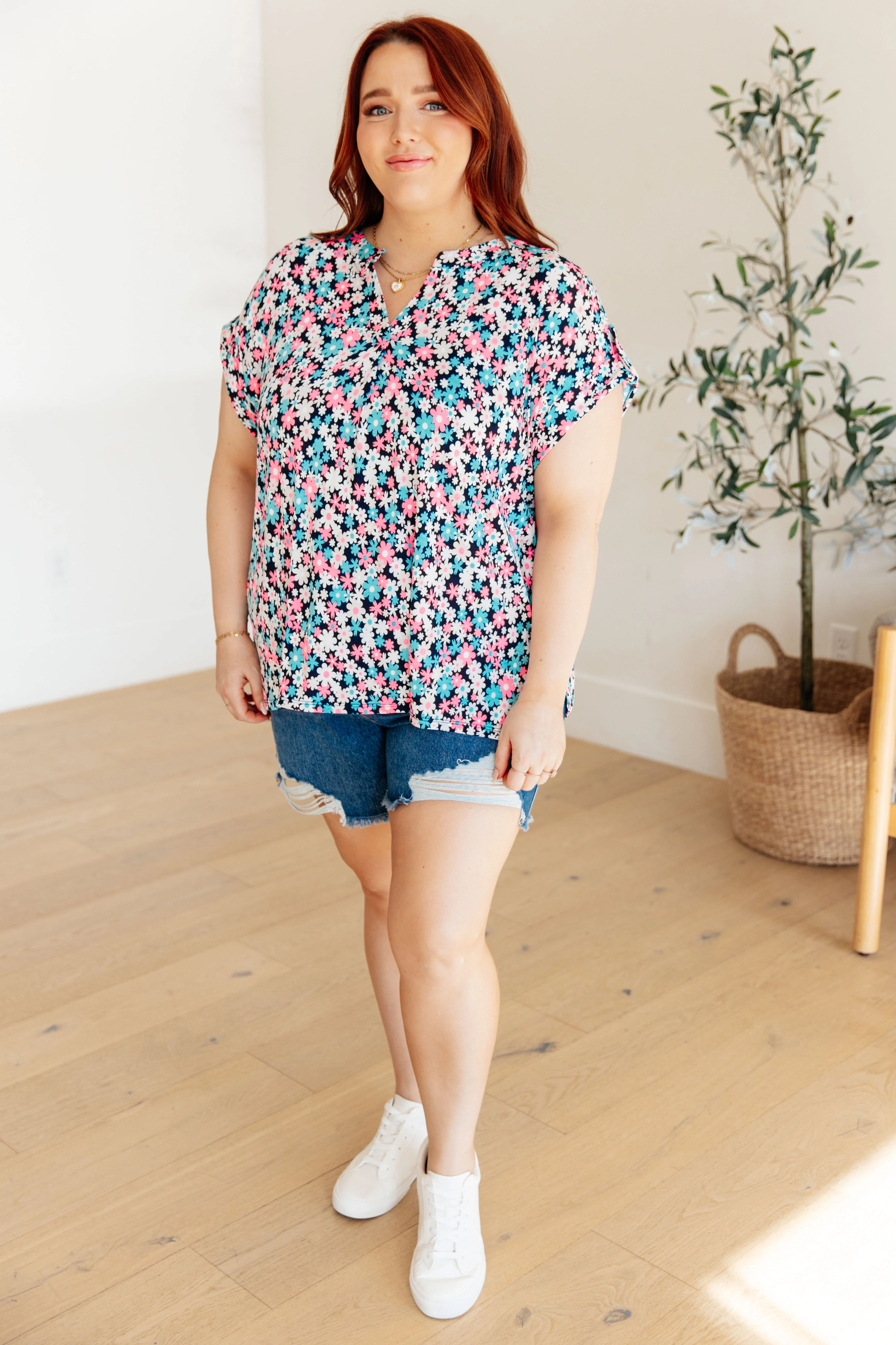 Lizzy Cap Sleeve Top in Navy and Hot Pink Floral - 3/22/2024 - Image 3