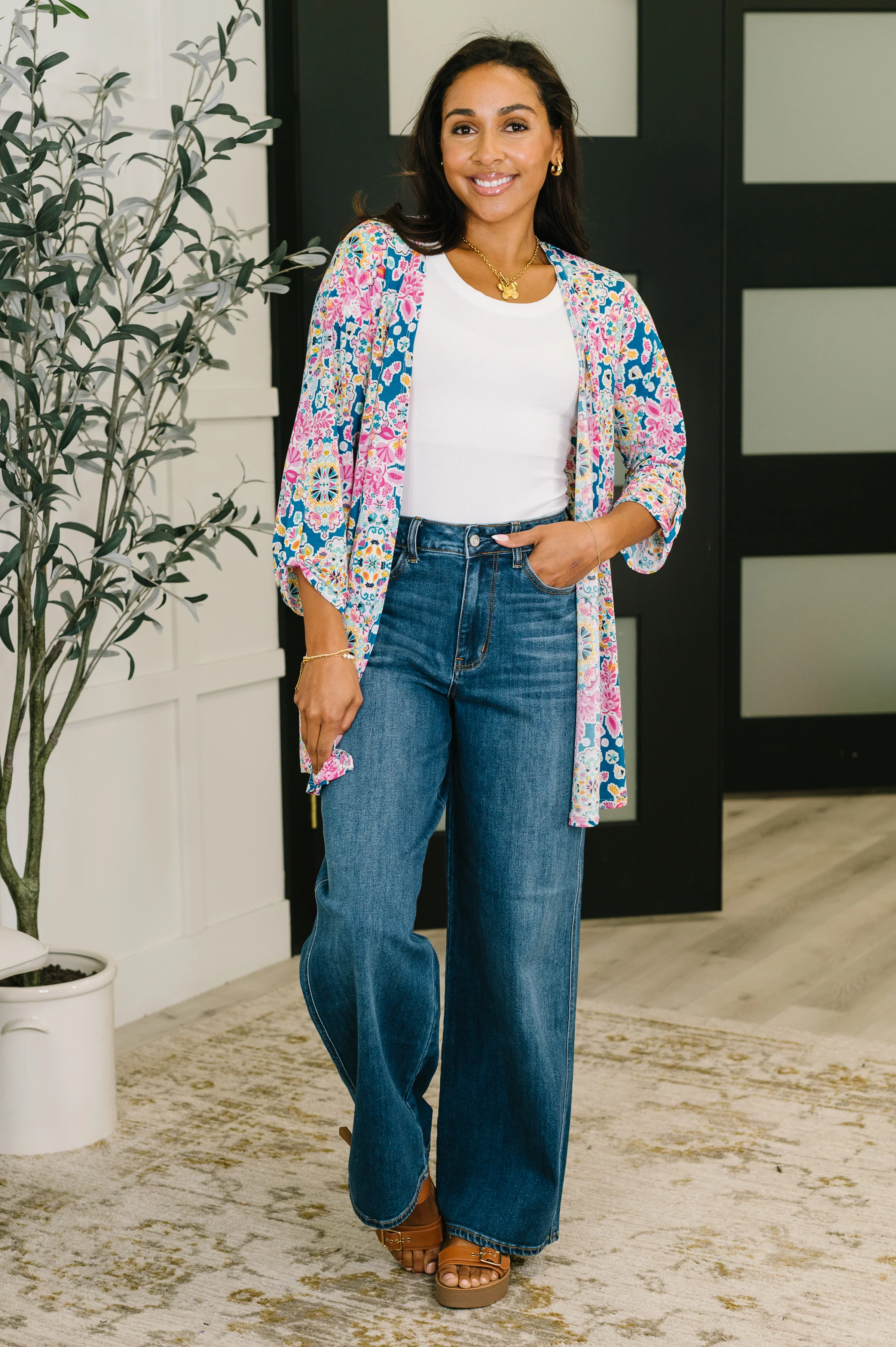 Lizzy Cardigan in Teal and Pink Floral Abstract - 7/30/2026 - Image 3