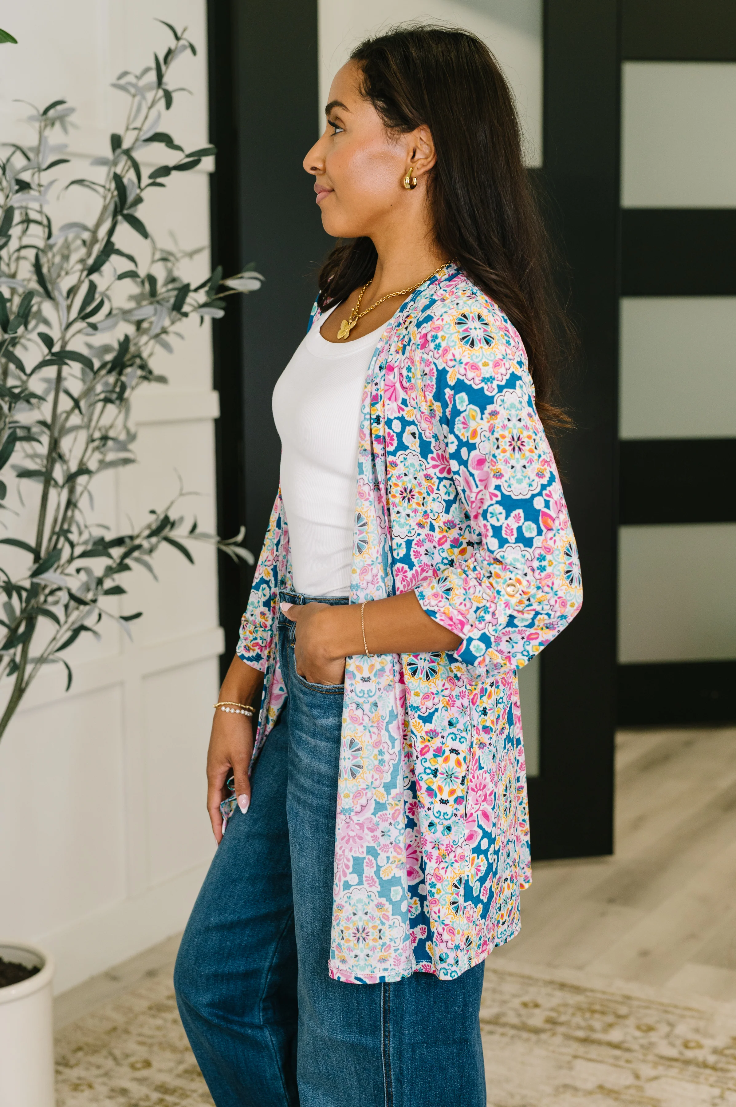 Lizzy Cardigan in Teal and Pink Floral Abstract - 7/30/2026 - Image 4