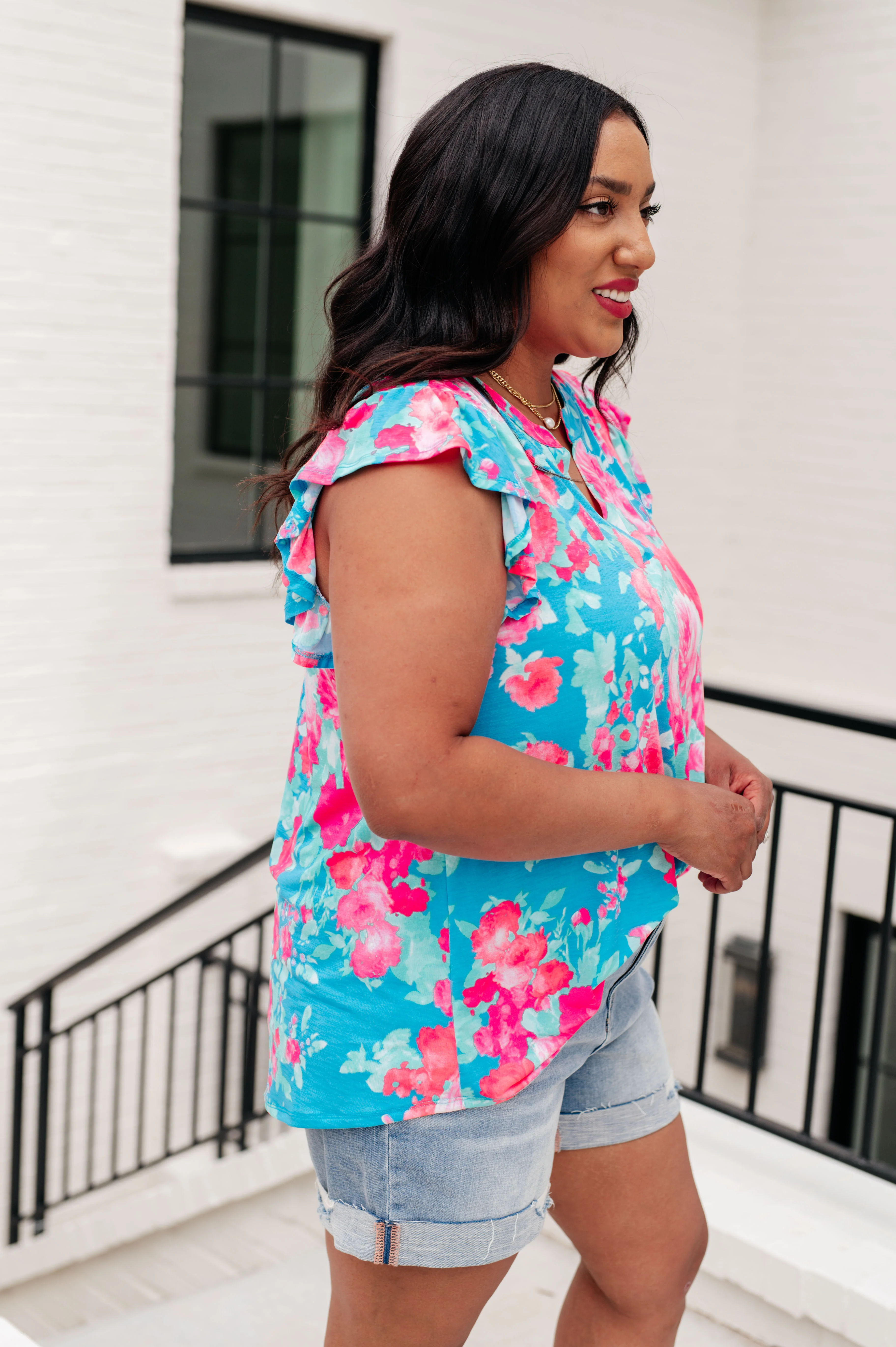 Lizzy Flutter Sleeve Top in Blue and Pink Roses - 5/10/2024 - Image 5