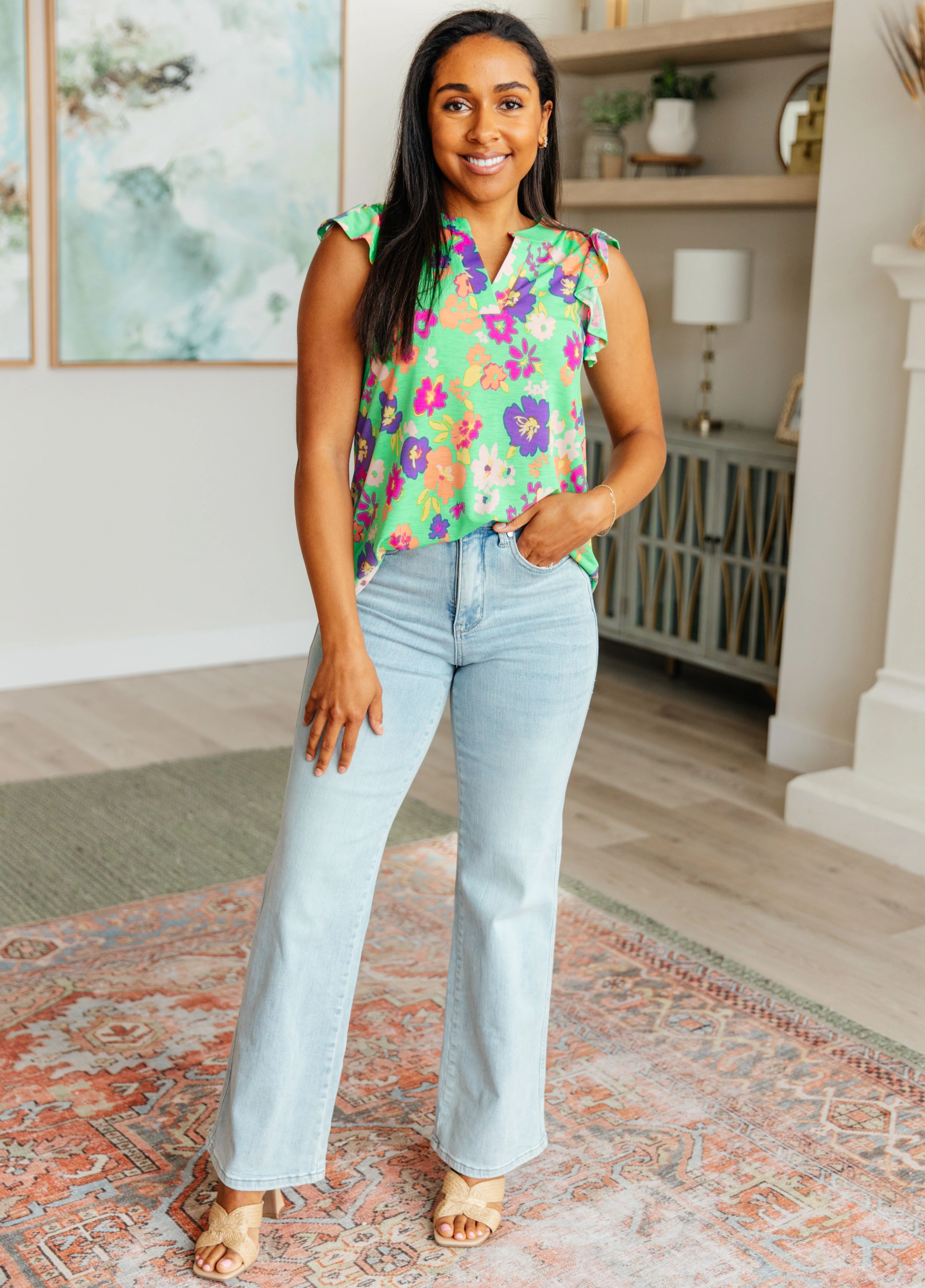 Lizzy Flutter Sleeve Top in Emerald and Purple Floral - 4/26/2024 - Image 3