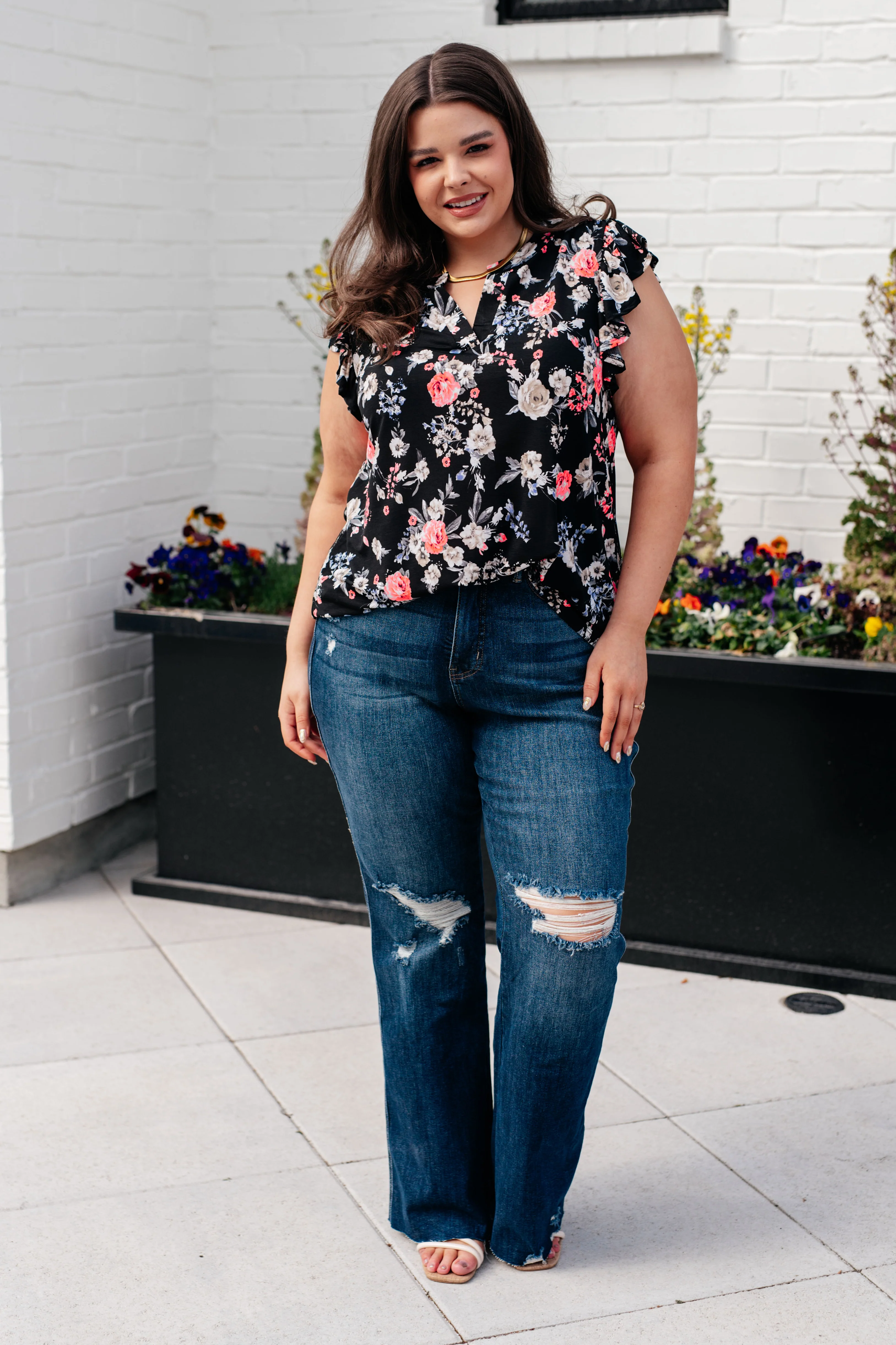 Lizzy Flutter Sleeve Top in Black and Muted Pink Floral - 5/10/2024 - Image 4