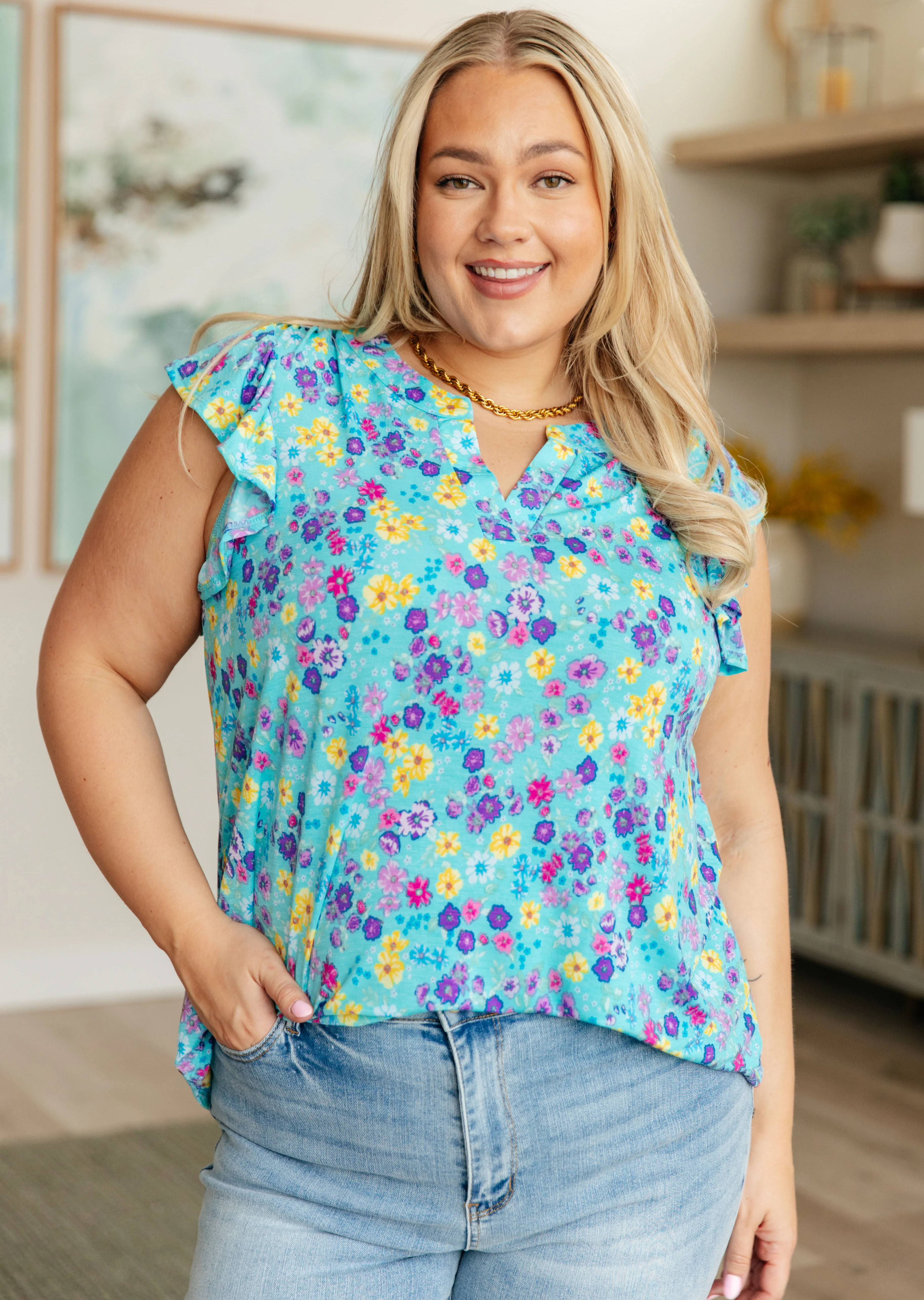 Lizzy Flutter Sleeve Top in Teal and Purple Floral - 4/26/2024 - Image 2