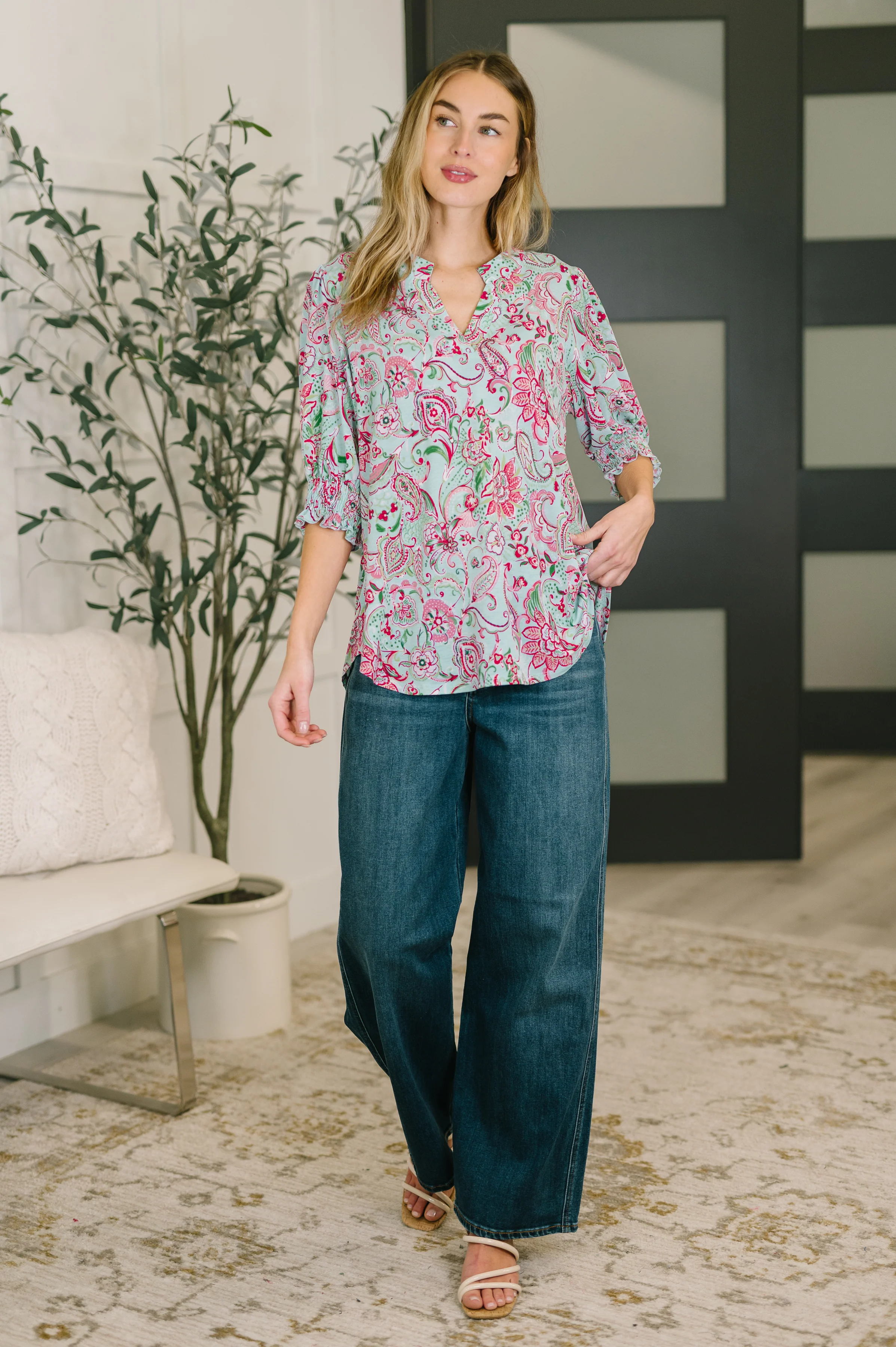 Lizzy Smock Top in Mint and Pink Floral Paisley - 2/20/2026 NEW - Image 3