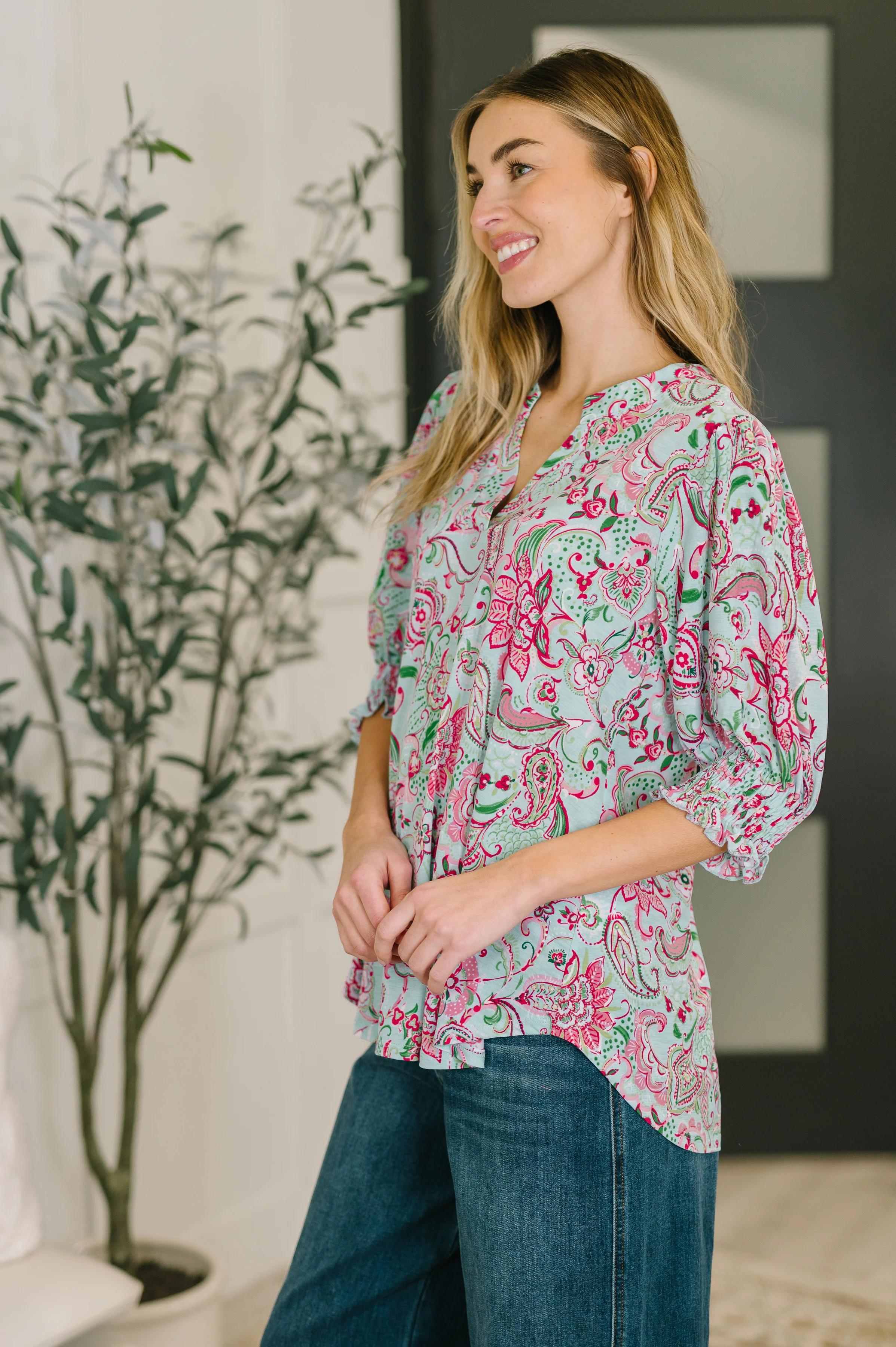 Lizzy Smock Top in Mint and Pink Floral Paisley - 2/20/2026 NEW - Image 4