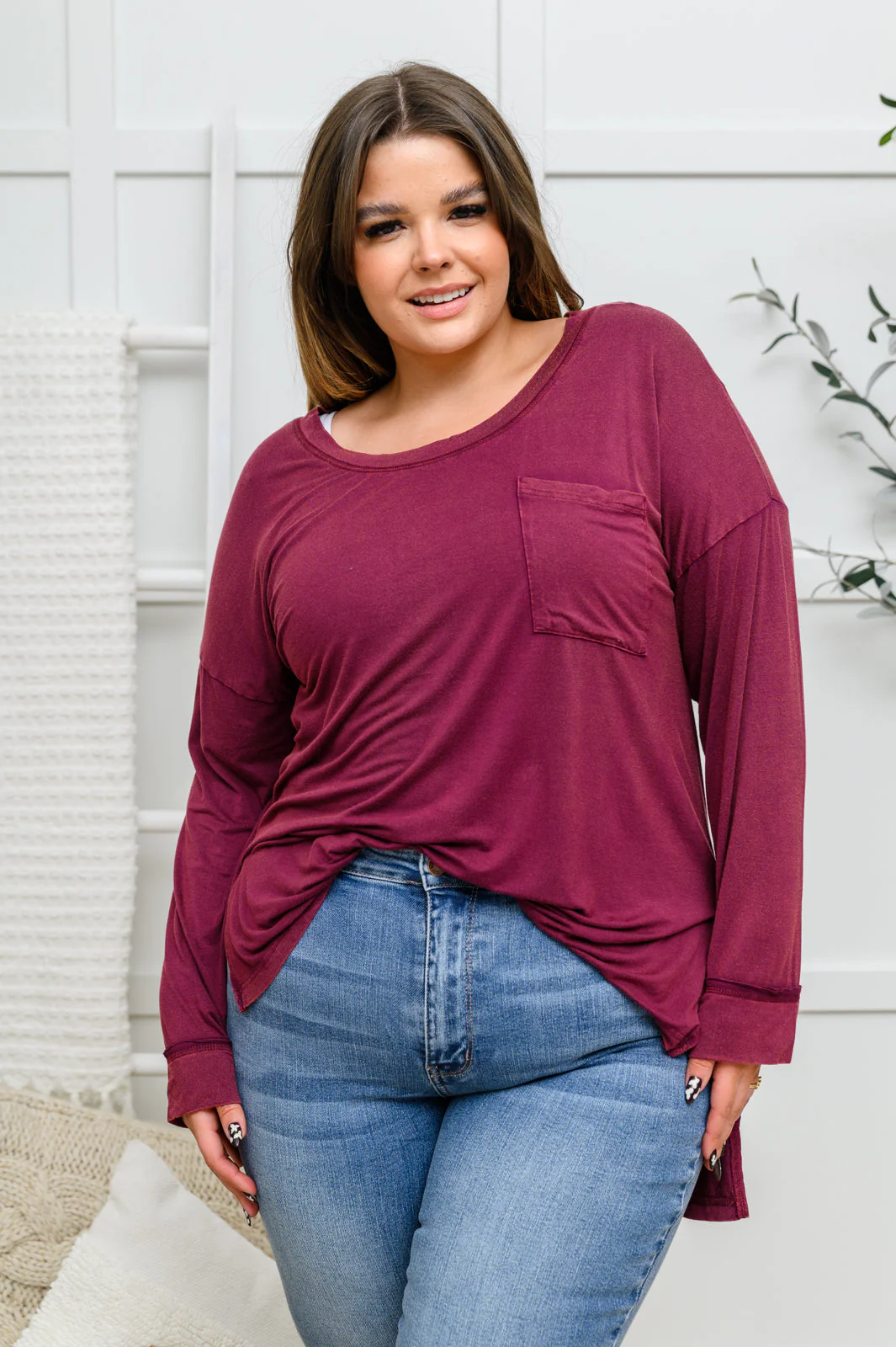 Long Sleeve Knit Top With Pocket In Burgundy - 11/28/2022 - Image 5