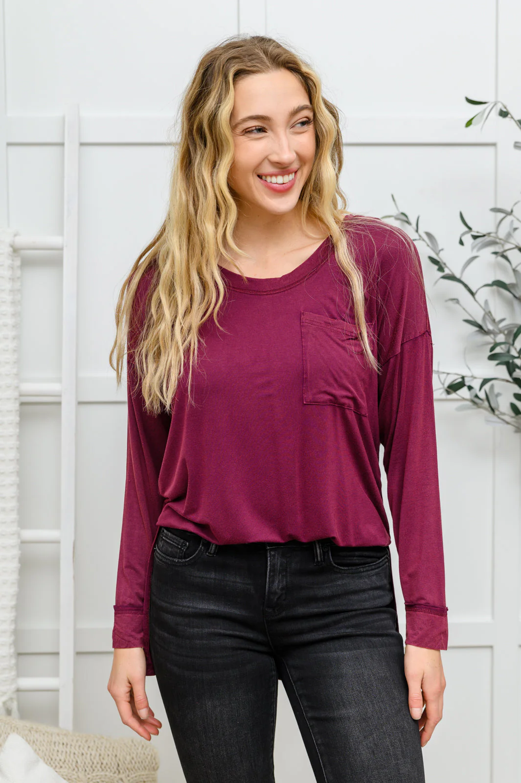 Long Sleeve Knit Top With Pocket In Burgundy - 11/28/2022 - Image 7