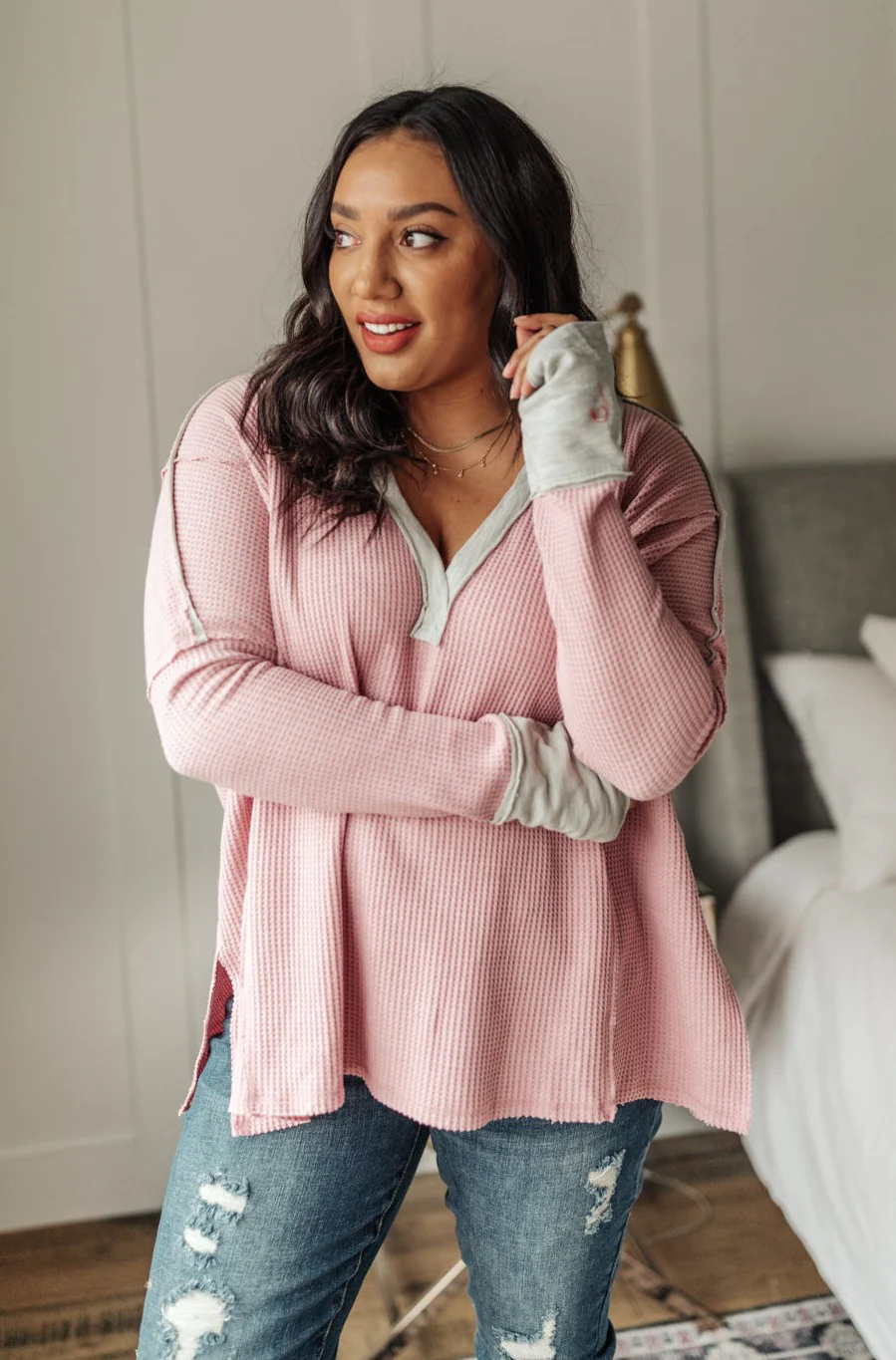 Mia Waffle Knit Long Sleeve In Pink - 2/24/2022 - Image 2