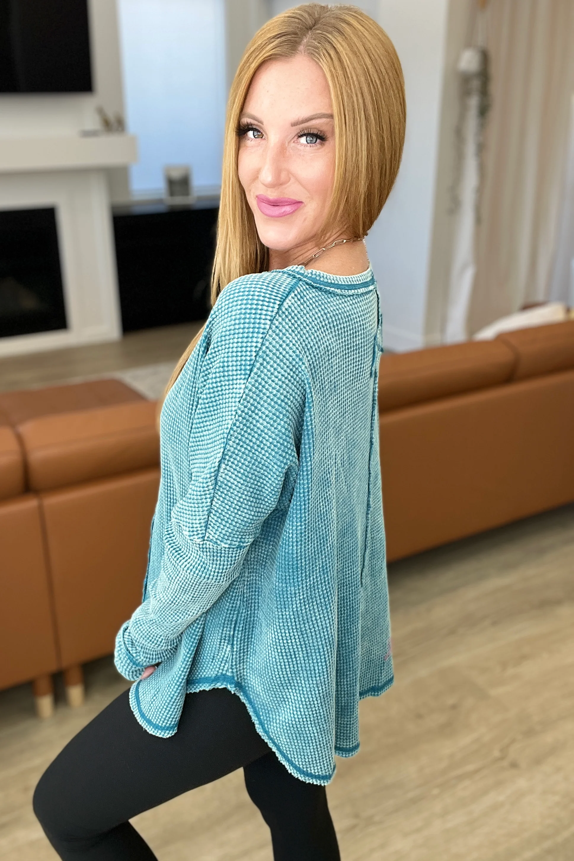 Mineral Wash Baby Waffle Long Sleeve Top in Teal - 9/20/2023 - Image 4