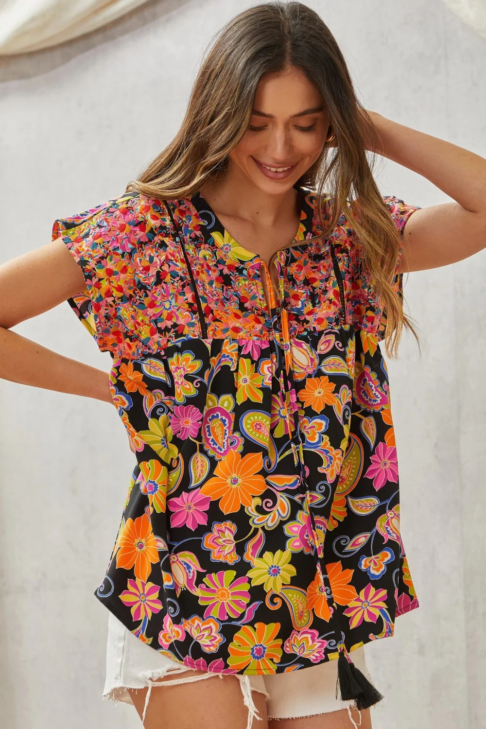 Multicolored Print Babydoll Top with Floral Embroidery - Image 4