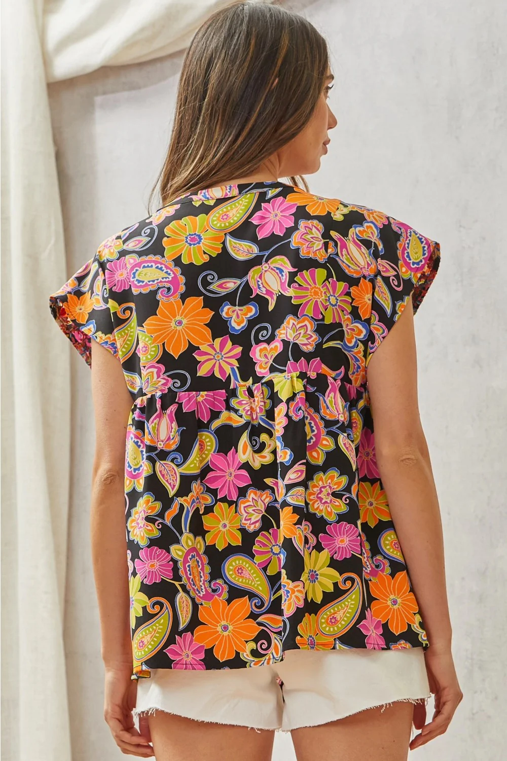 Multicolored Print Babydoll Top with Floral Embroidery - Image 6