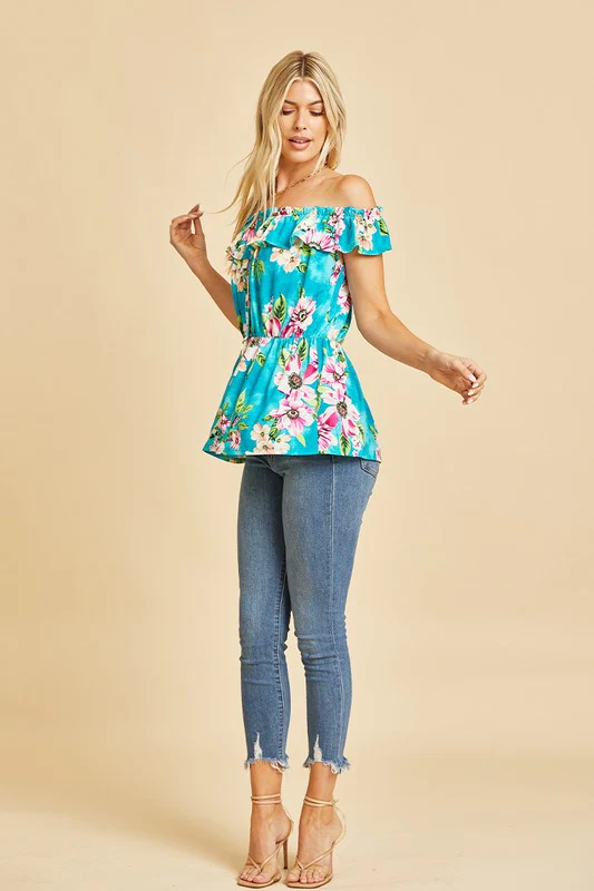 Off Shoulder Short Sleeve Top with Ruffles in Teal/Magenta - Image 3