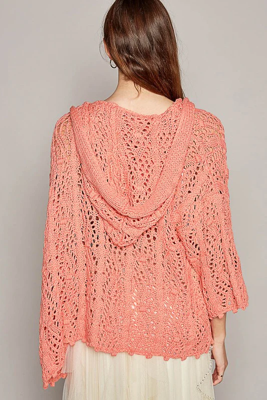Open Weaving Long Sleeve Hoodie Sweater Cardigan in Coral - Image 4