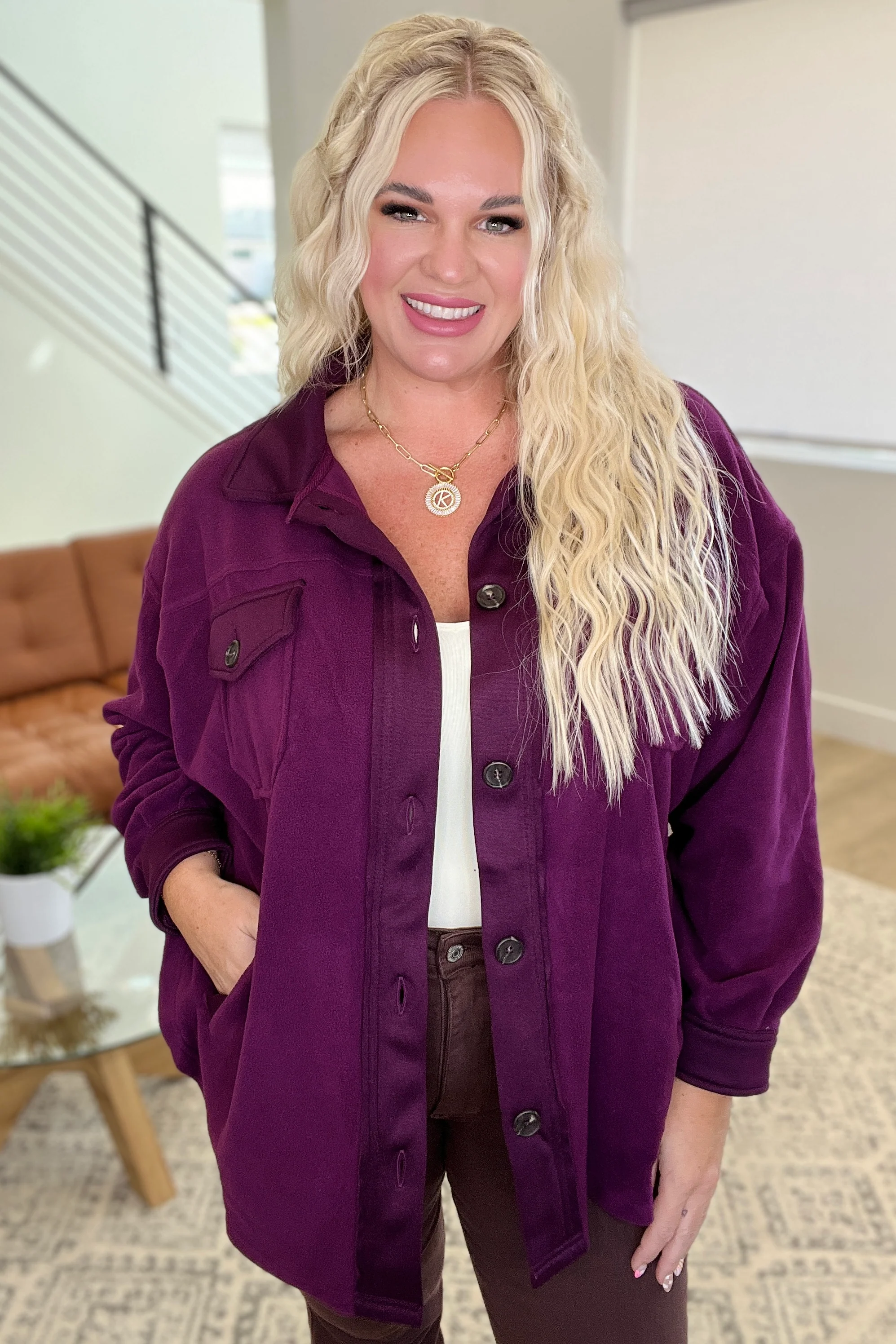 Oversized Basic Fleece Shacket in Plum - 10/11/2023 - Image 2