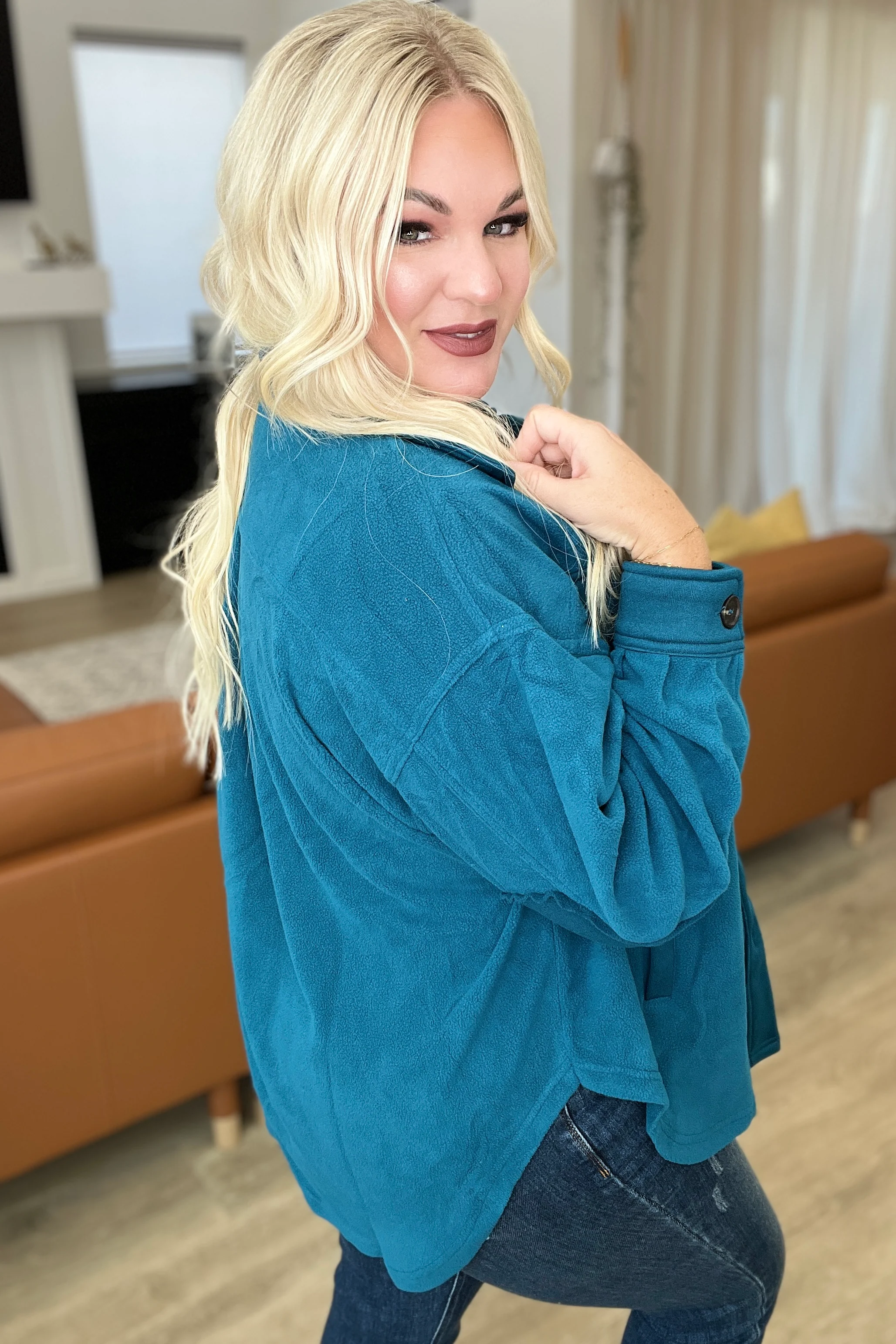 Oversized Basic Fleece Shacket in Teal - 9/6/2023 - Image 3