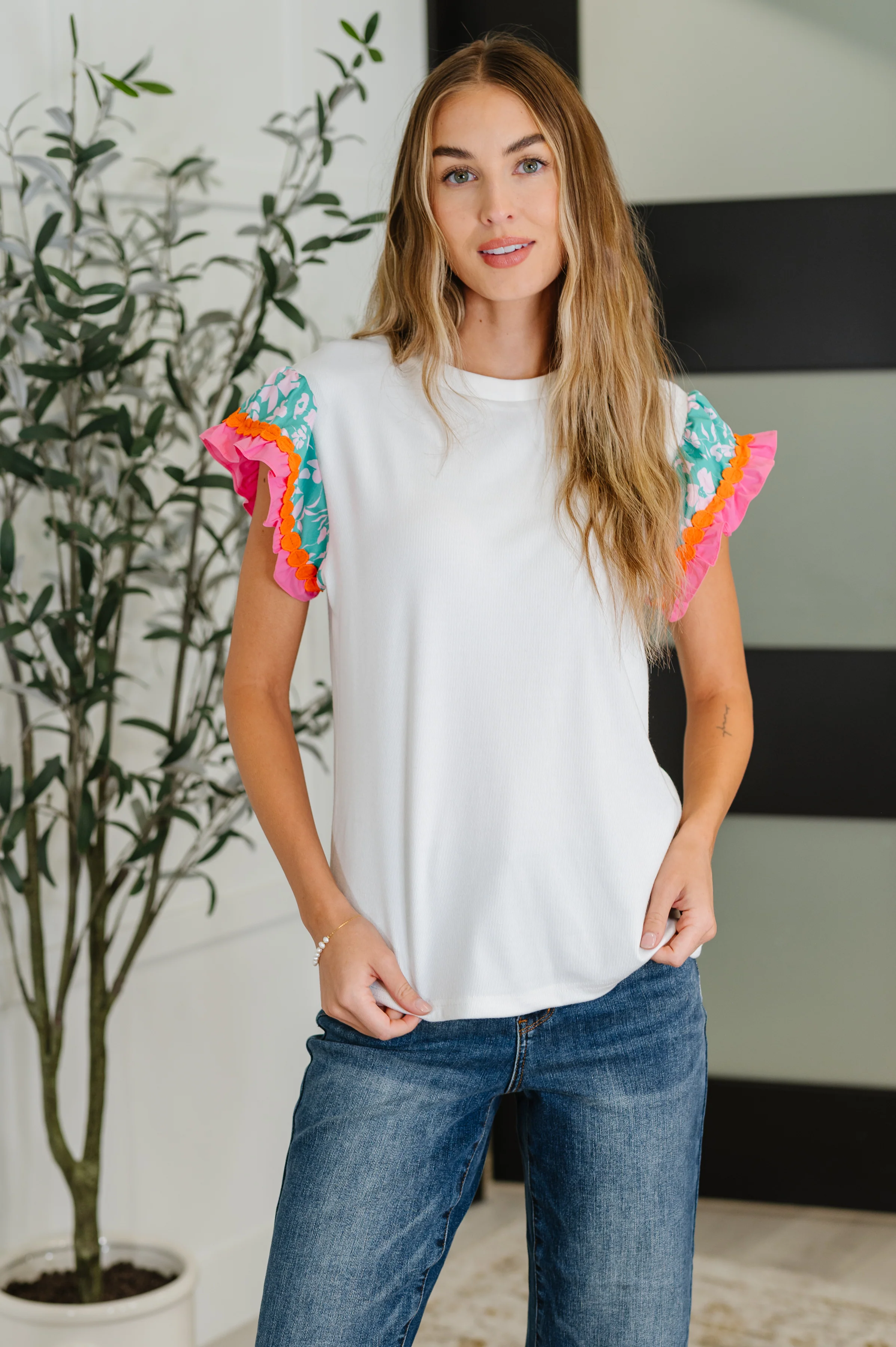 Petals & Poise Floral Flutter Sleeve Top in White - 6/25/2026 - Image 3