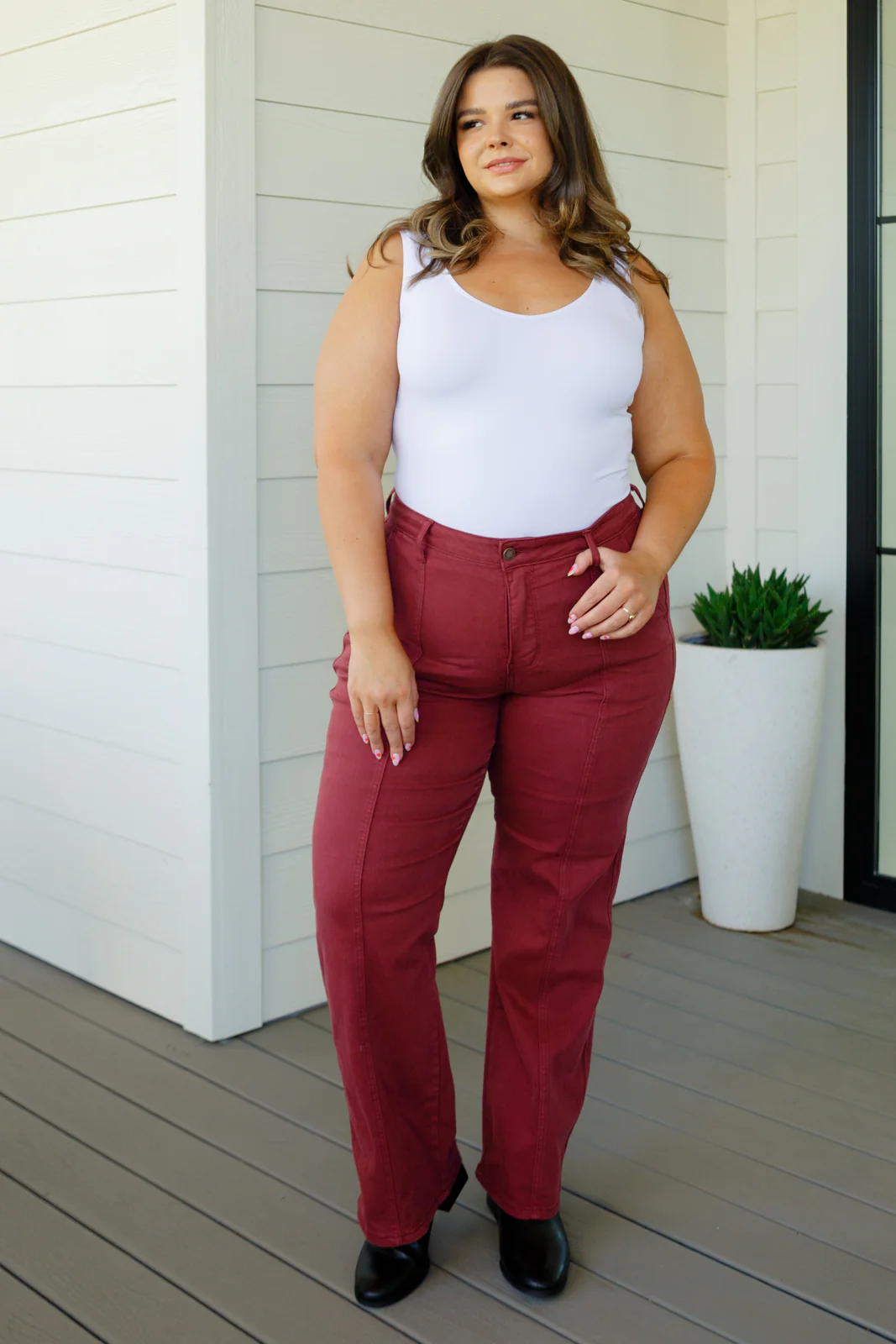 Phoebe High Rise Front Seam Straight Jeans in Burgundy - 8/9/2023 - Image 4