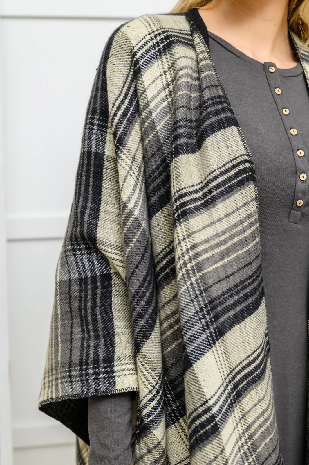 Plaid Fringe Trimmed Open Poncho in Black - 11/25/2022 - Image 3