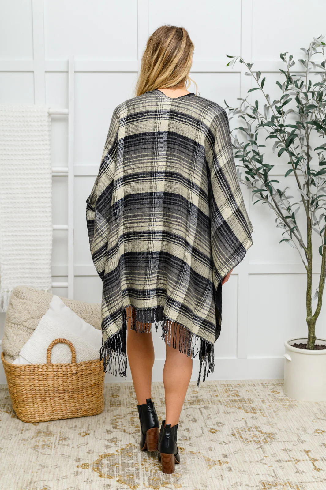 Plaid Fringe Trimmed Open Poncho in Black - 11/25/2022 - Image 5