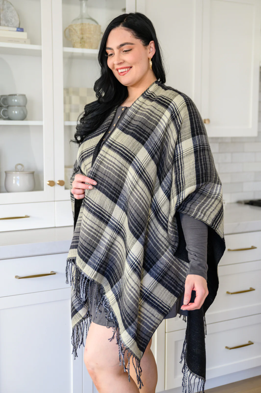 Plaid Fringe Trimmed Open Poncho in Black - 11/25/2022 - Image 7