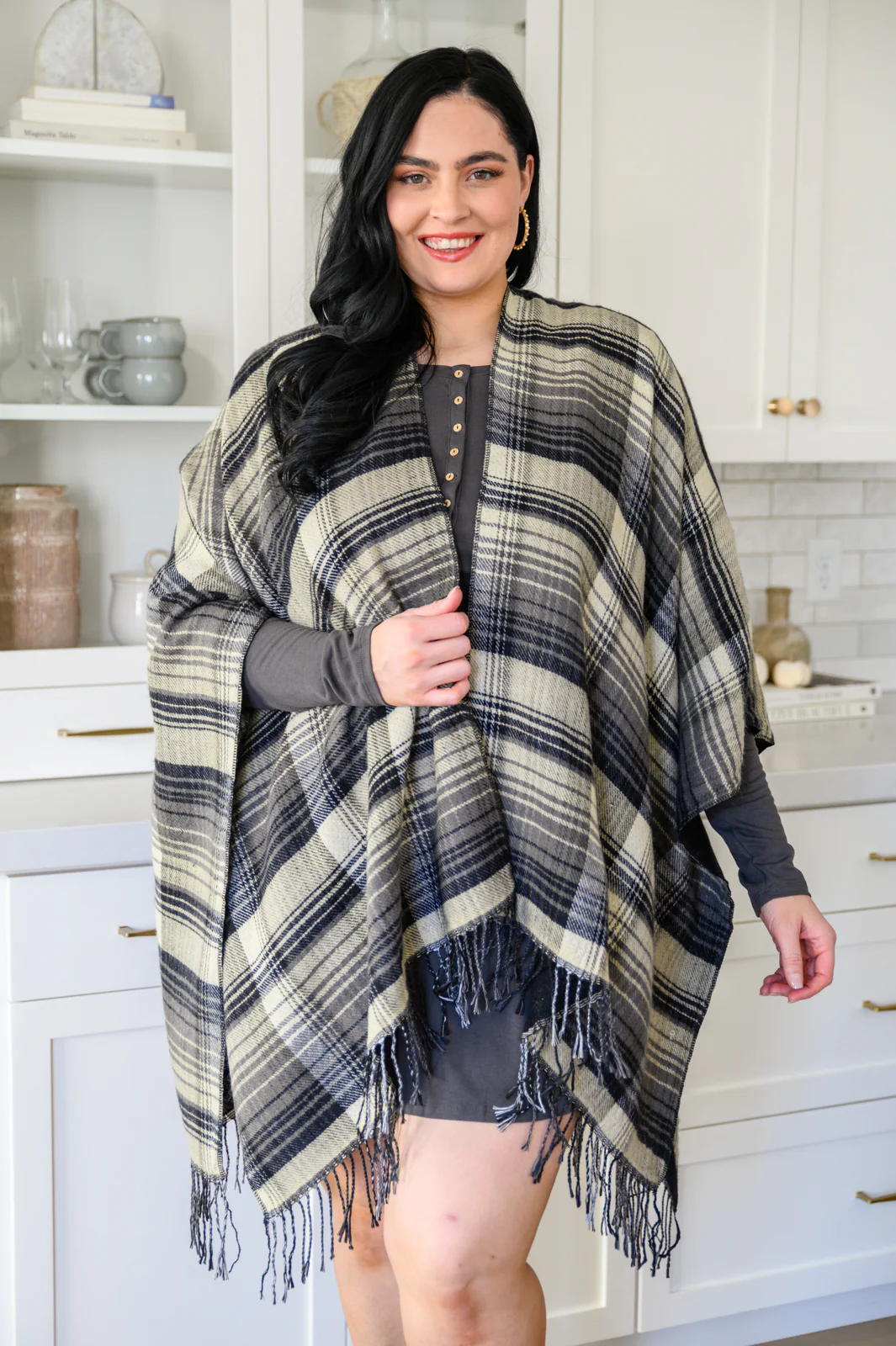 Plaid Fringe Trimmed Open Poncho in Black - 11/25/2022 - Image 8