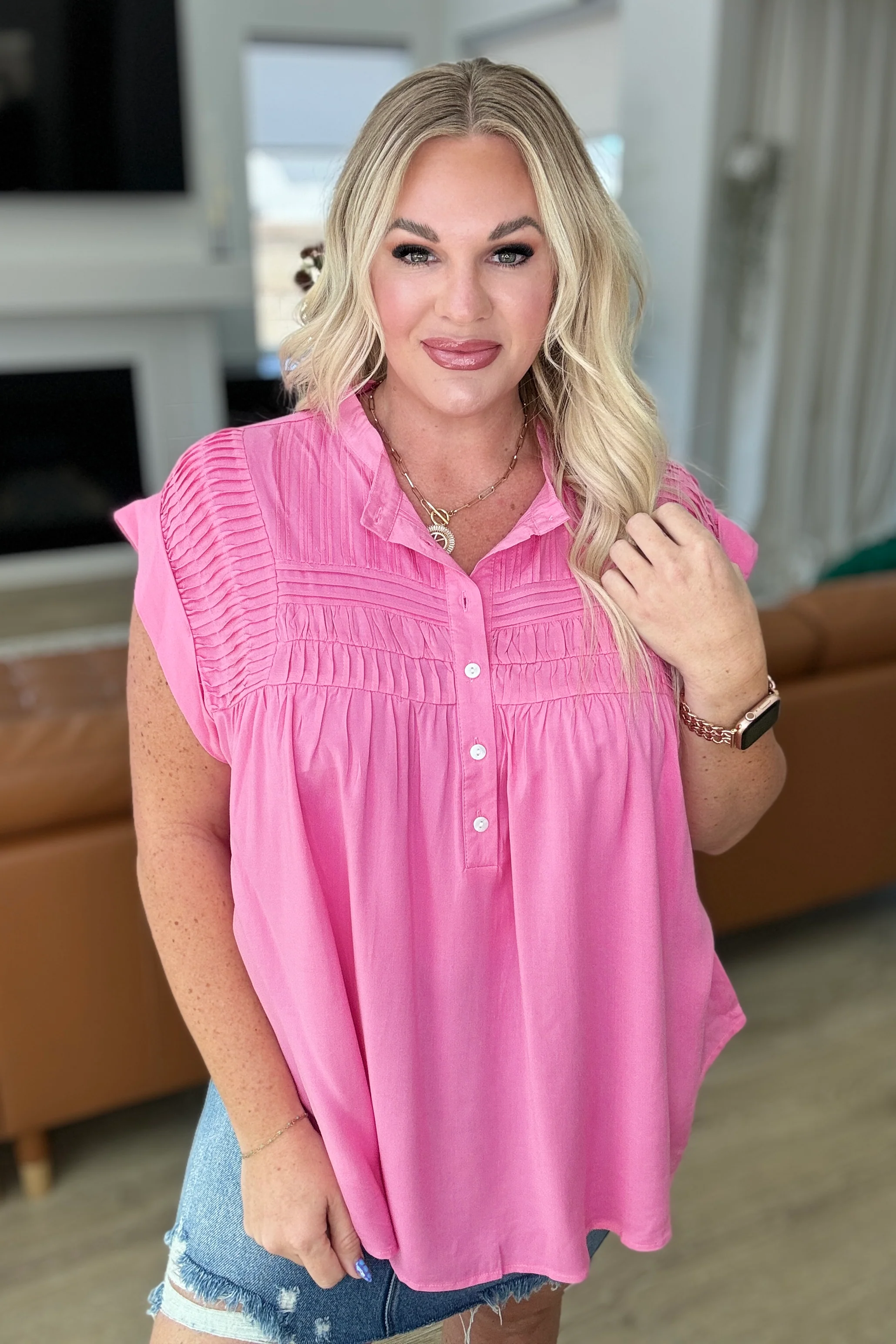 Pleat Detail Button Up Blouse in Pink Cosmos - 4/24/2024