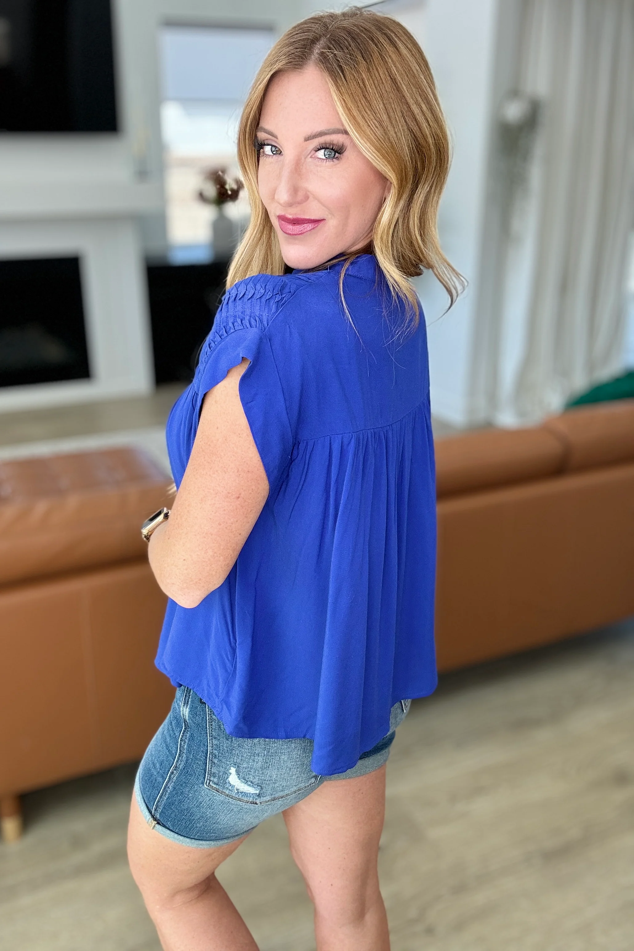 Pleat Detail Button Up Blouse in Royal Blue - 4/24/2024 - Image 4