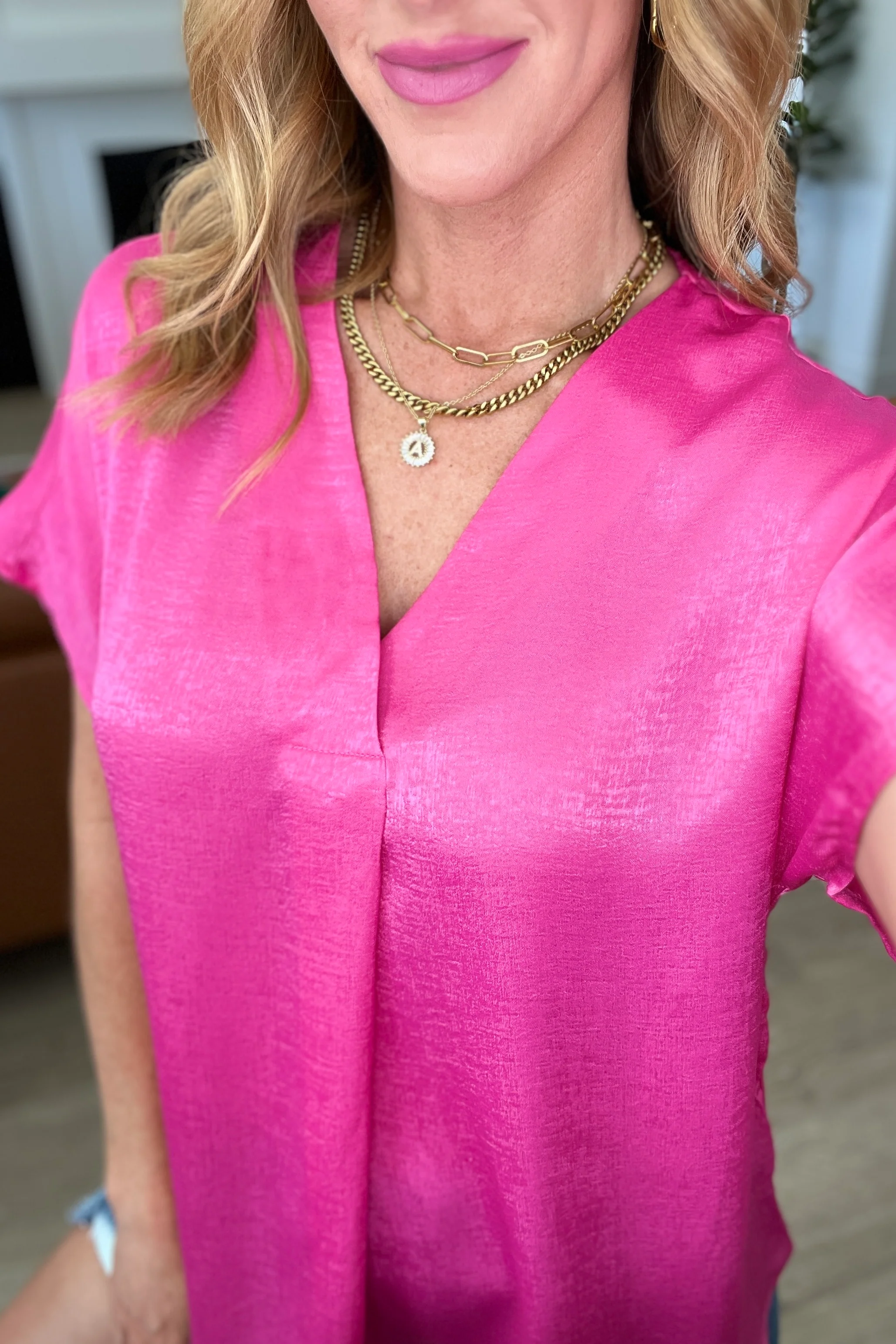 Pleat Front V-Neck Top in Hot Pink - 3/6/2024 - Image 3