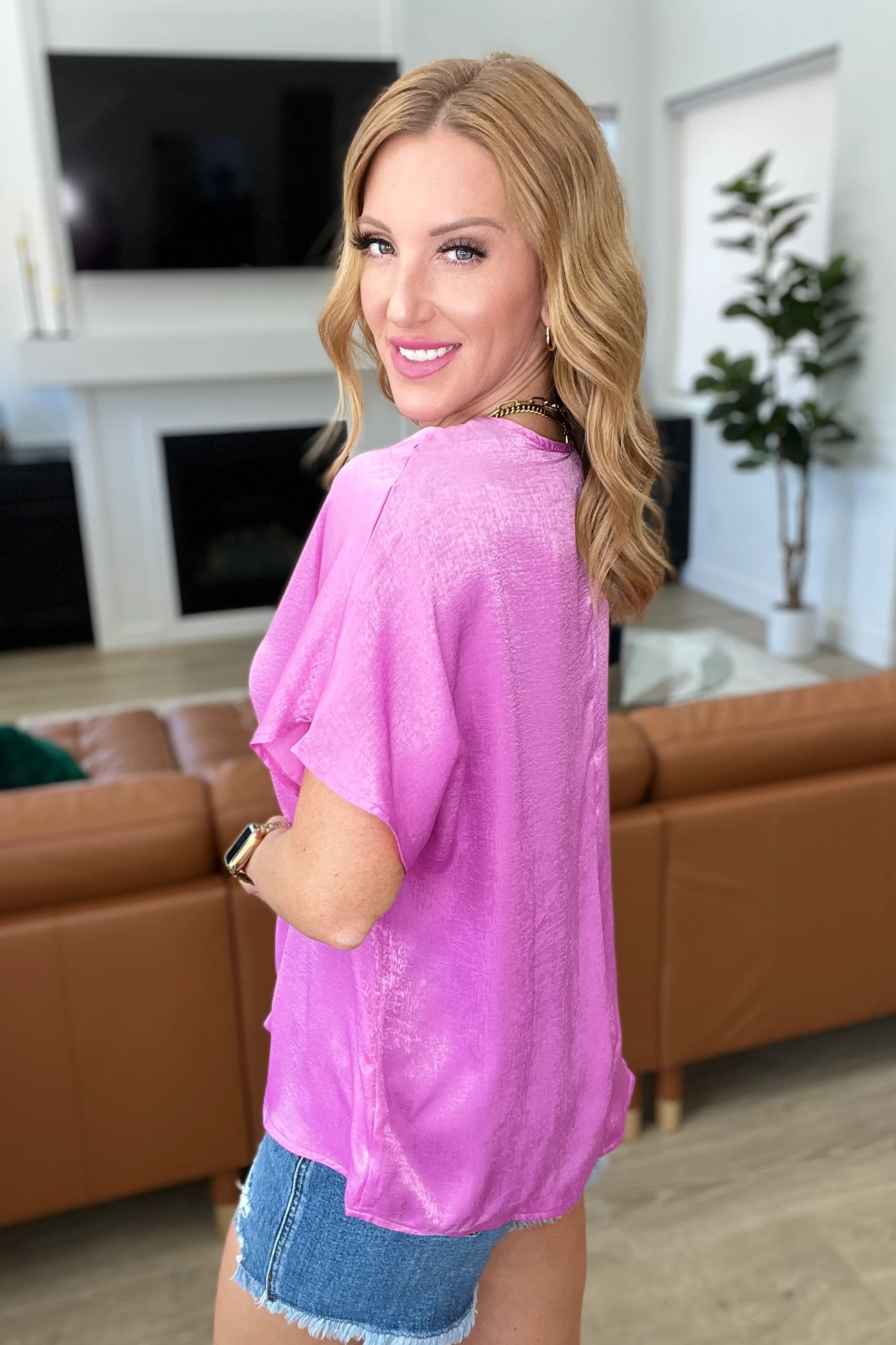 Pleat Front V-Neck Top in Spring Orchid - 3/6/2024 - Image 3