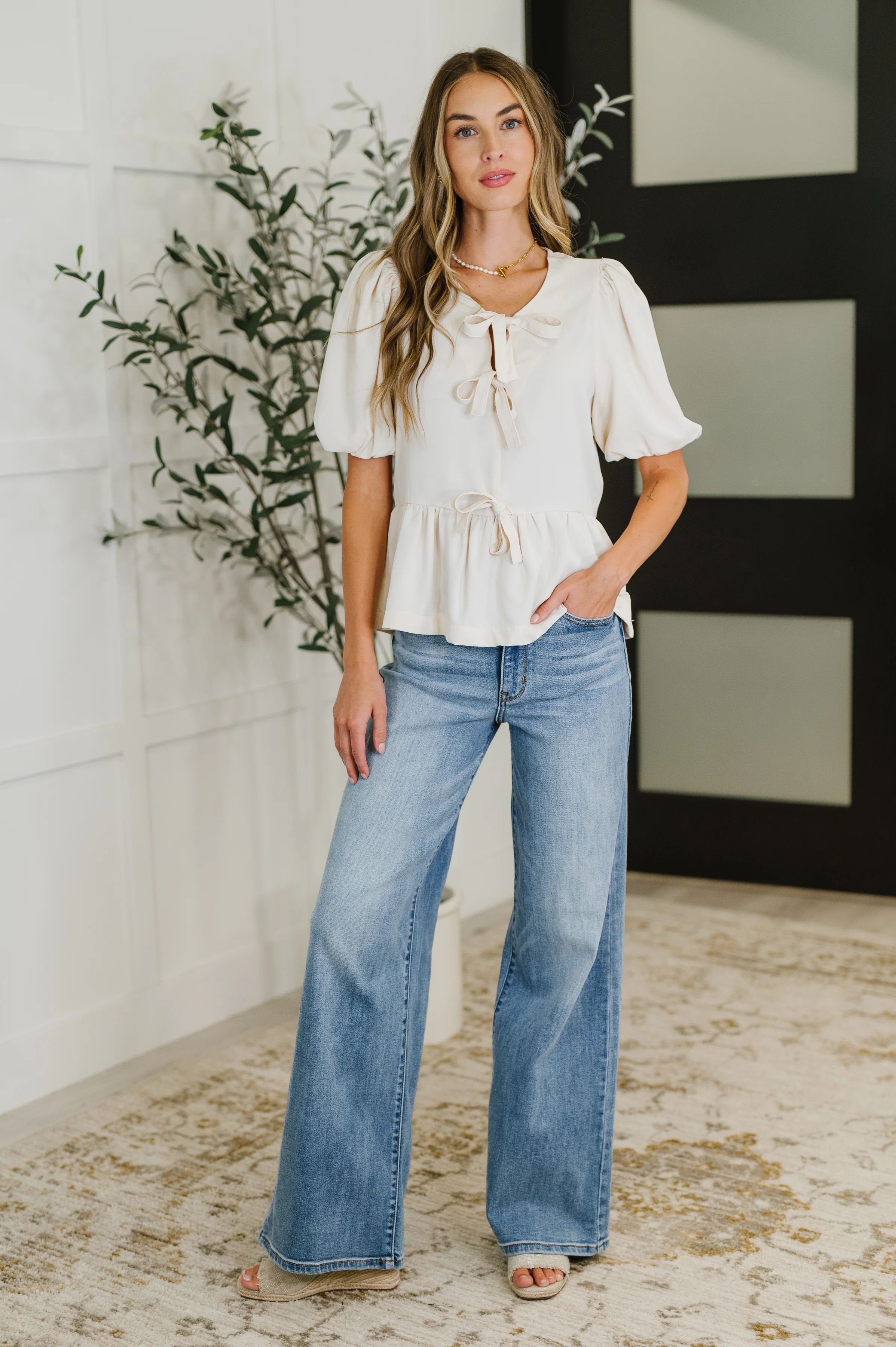 PREORDER: Balloon Sleeve Bow Blouse in Ivory - Ships in 4 weeks - Image 4