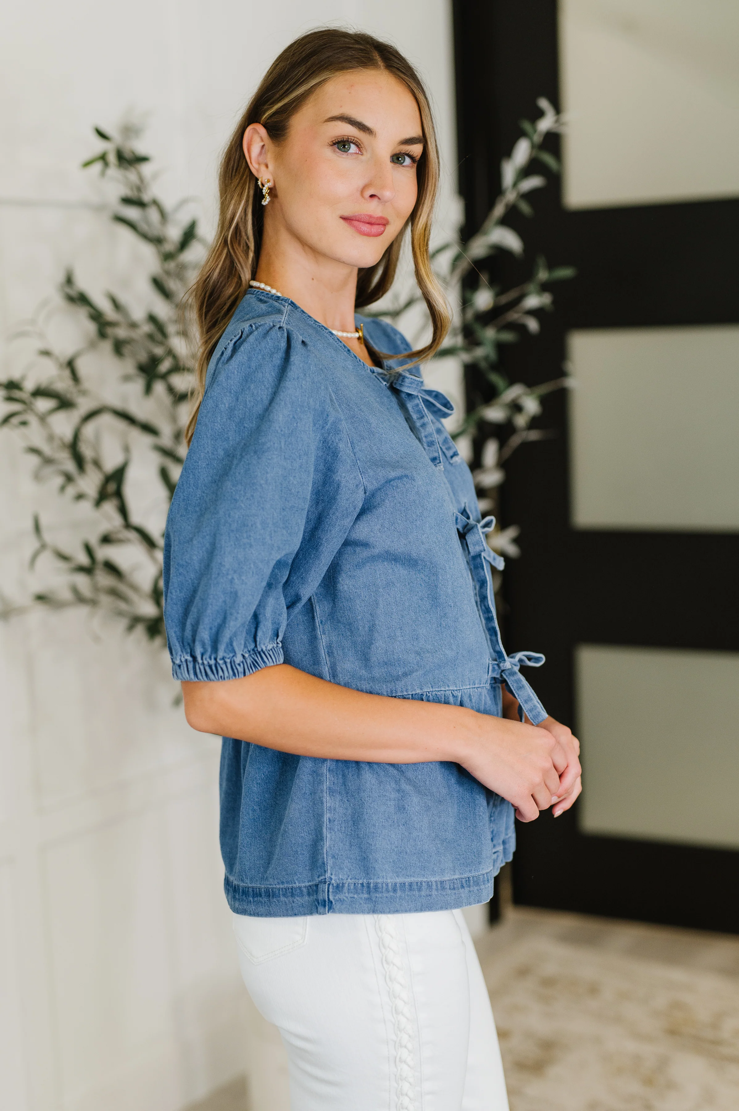 PREORDER: Balloon Sleeve Chambray Bow Blouse - Ships in 2-3 weeks - Image 2