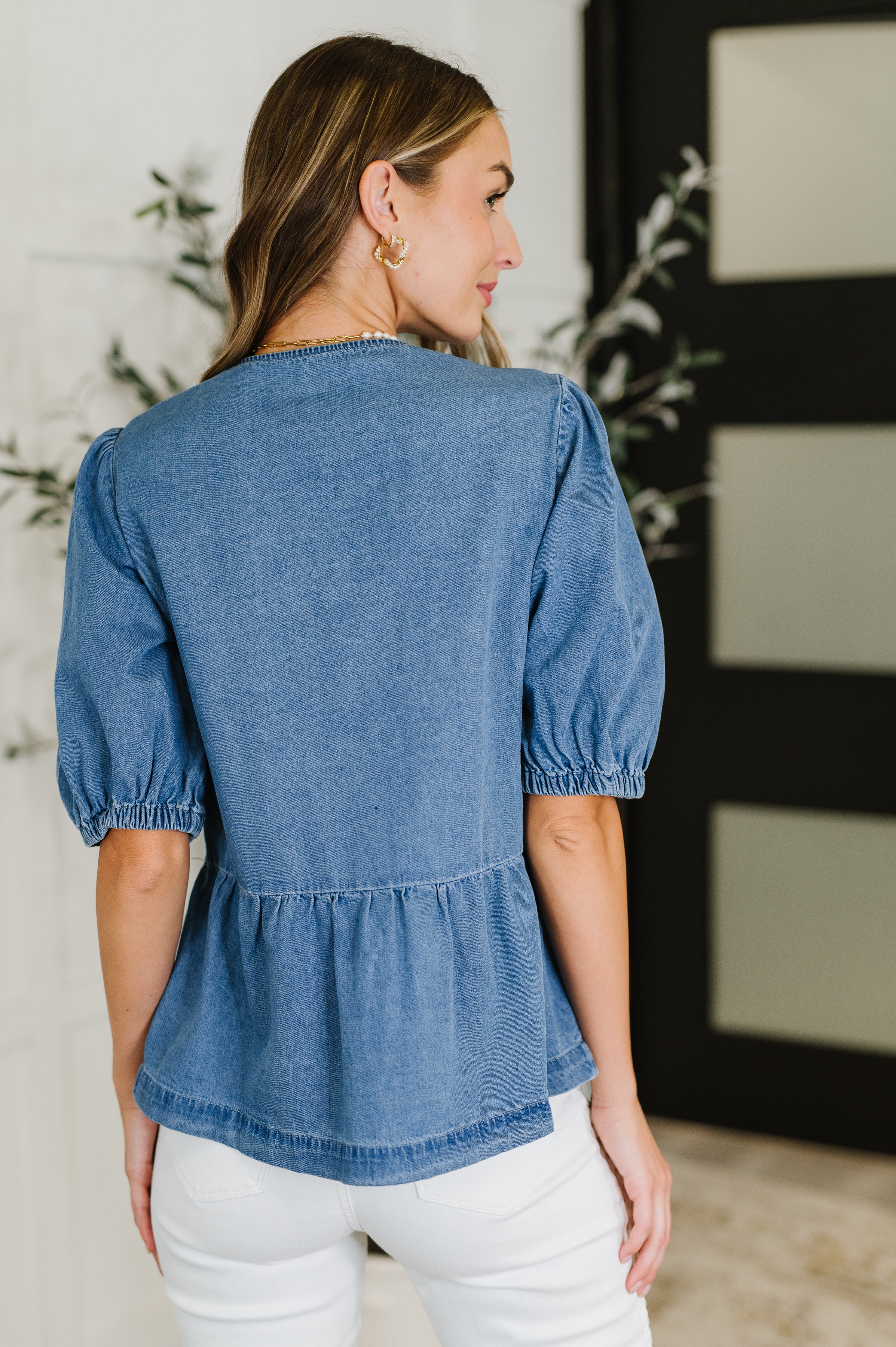 PREORDER: Balloon Sleeve Chambray Bow Blouse - Ships in 2-3 weeks - Image 5