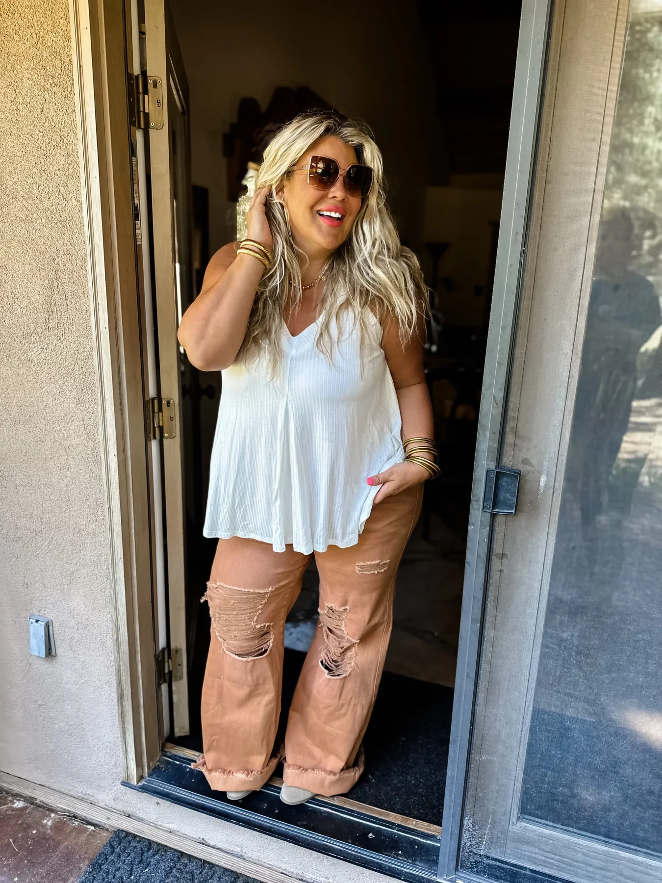 Blakeley Distressed Jeans In Olive and Camel - RTS - Image 4