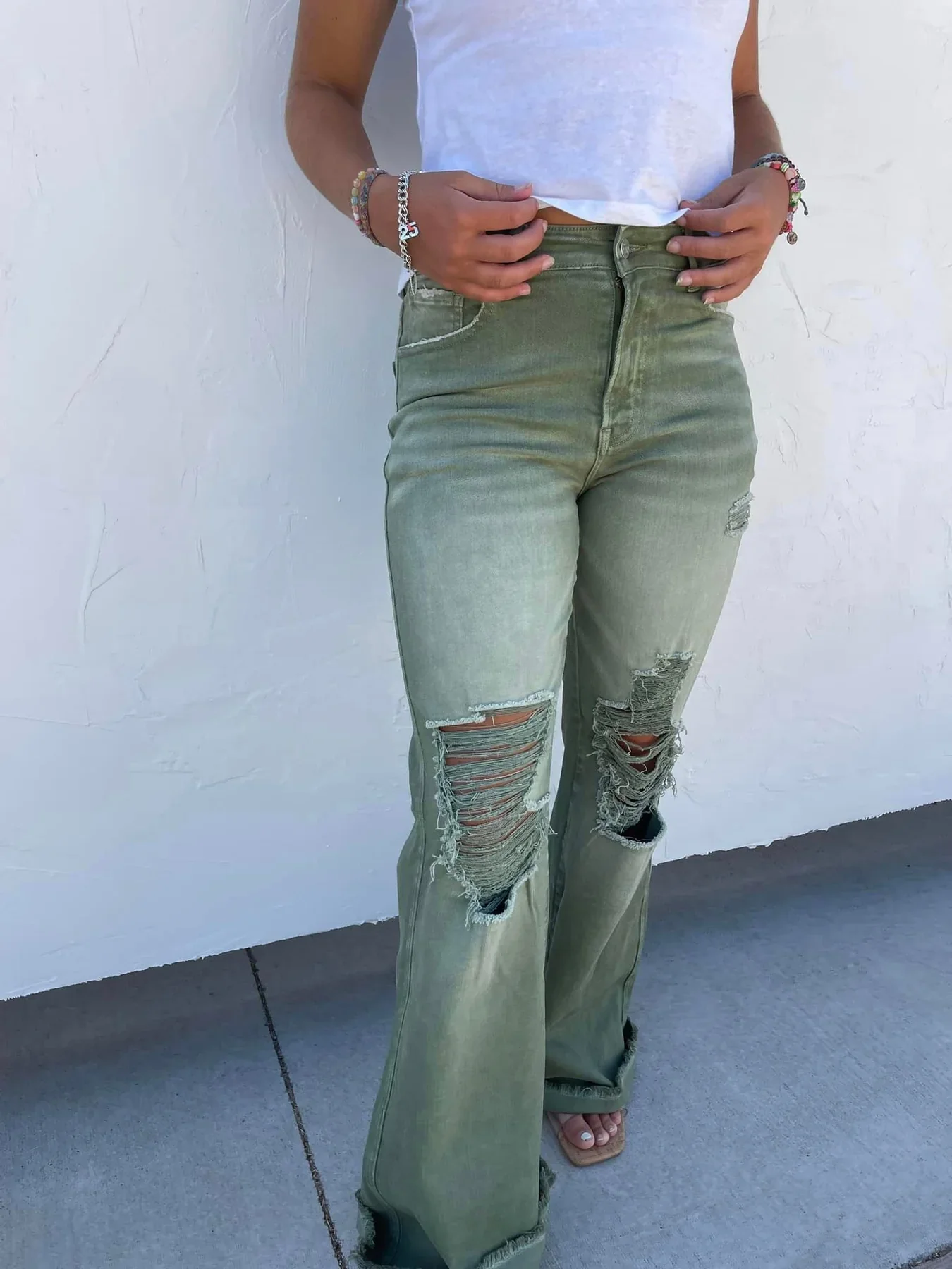 Blakeley Distressed Jeans In Olive and Camel - RTS - Image 5