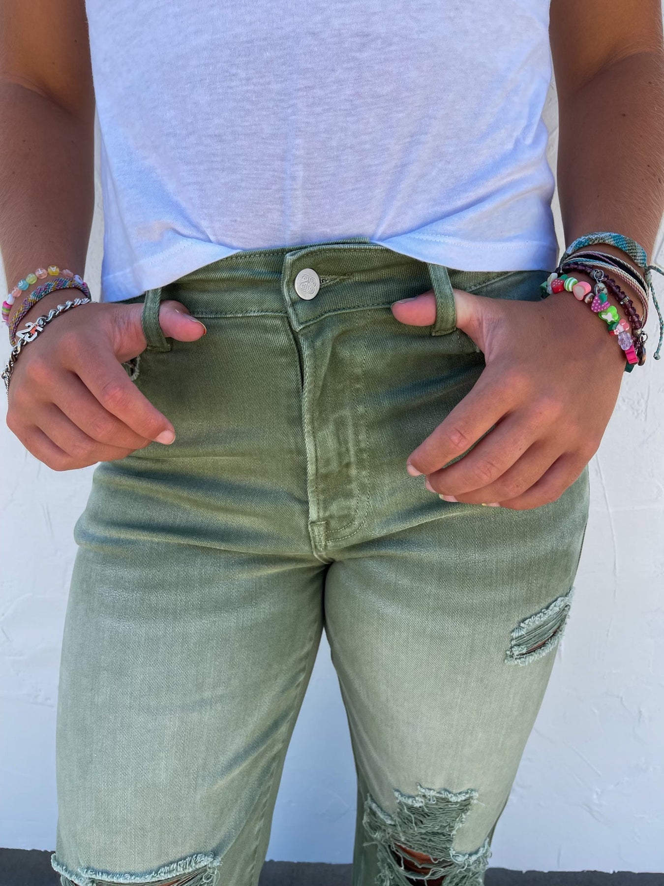 Blakeley Distressed Jeans In Olive and Camel - RTS - Image 7