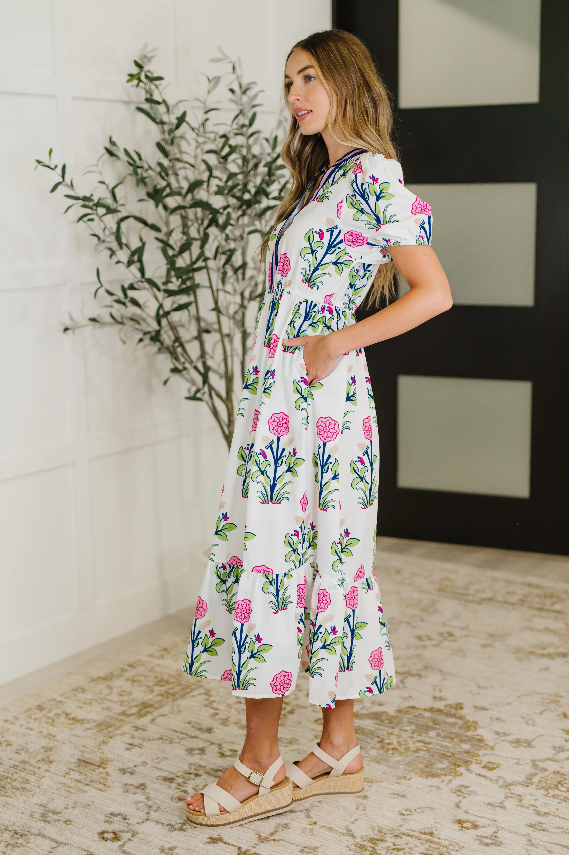 PREORDER: Boho V-Neck Balloon Sleeve Dress in Floral Print - Ships in 2-3 weeks - Image 3