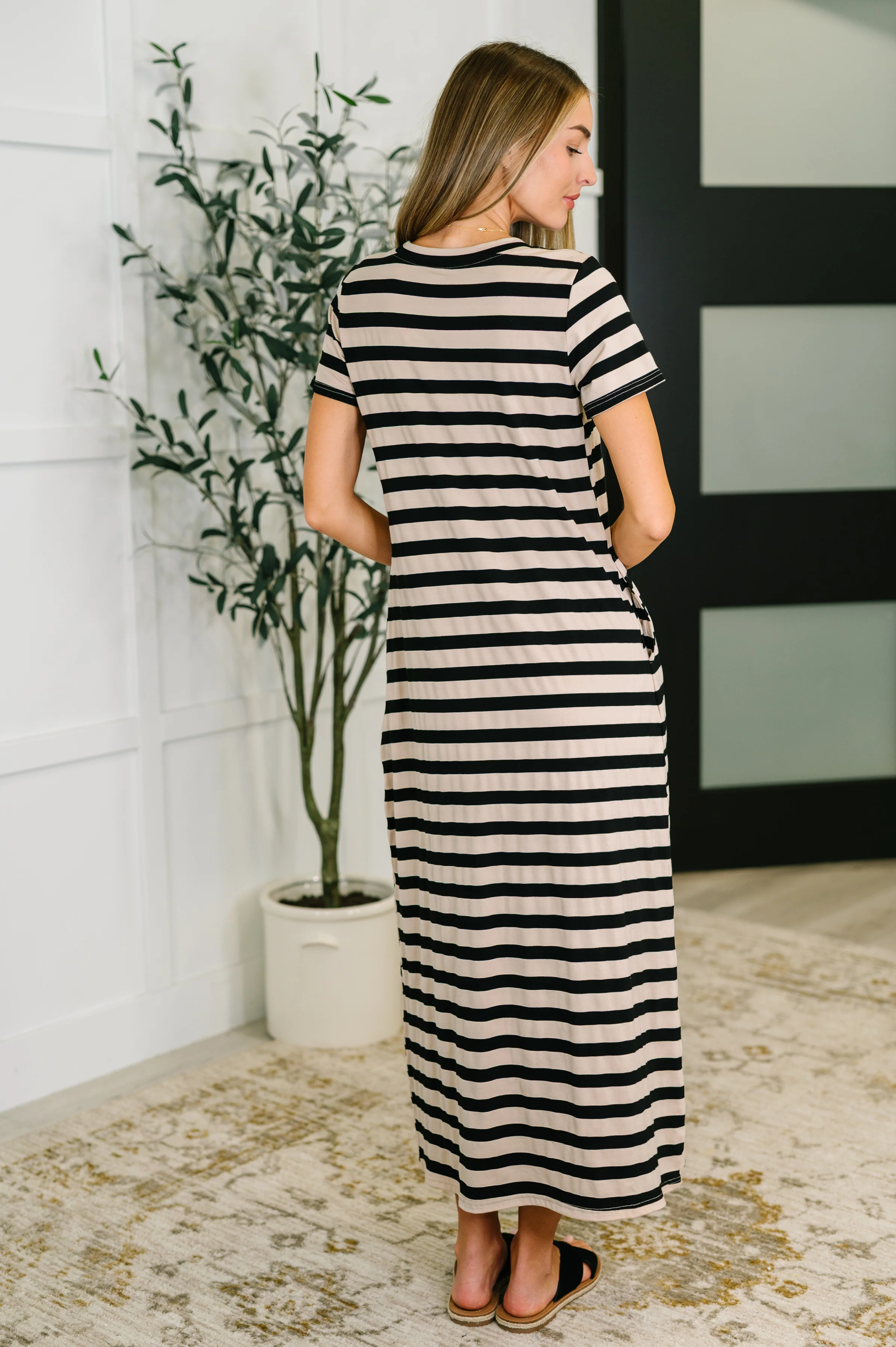 PREORDER: Cap Sleeve Maxi Dress in Black and Tan Stripe - Ships in 4 weeks - Image 4