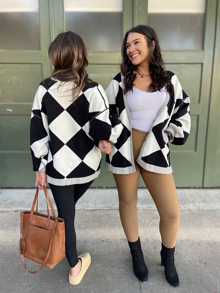 PREORDER: Contrast Trim Cardigan in Black Checkers - Image 12