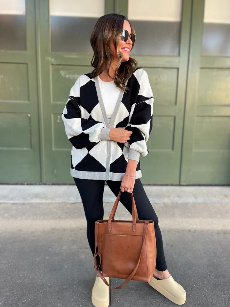 PREORDER: Contrast Trim Cardigan in Black Checkers - Image 3