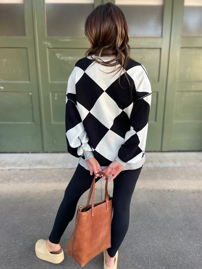 PREORDER: Contrast Trim Cardigan in Black Checkers - Image 5