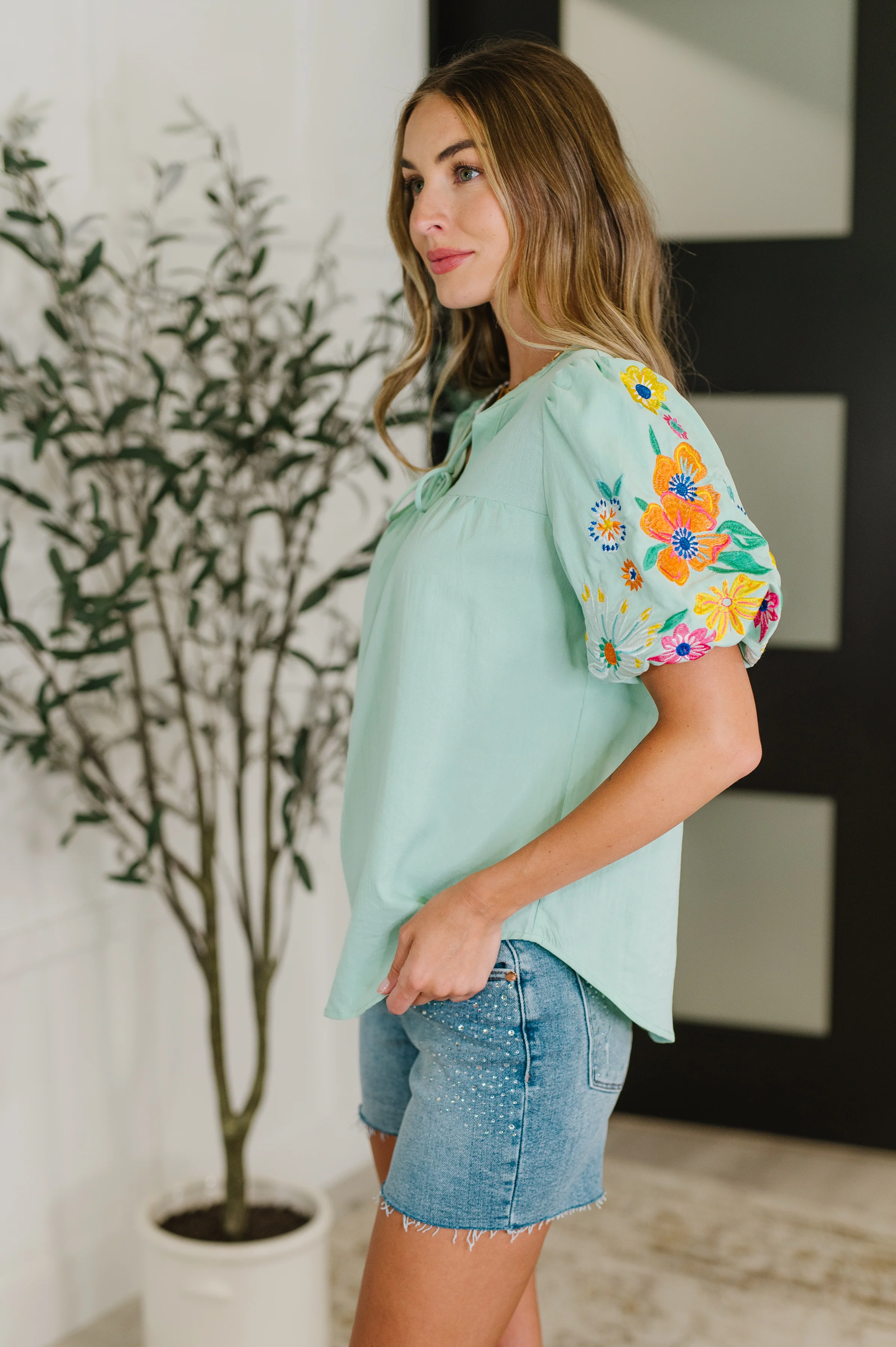 PREORDER: Embroidered Puff Sleeve V-Neck Blouse in Aqua - Ships in 2-3 weeks - Image 3