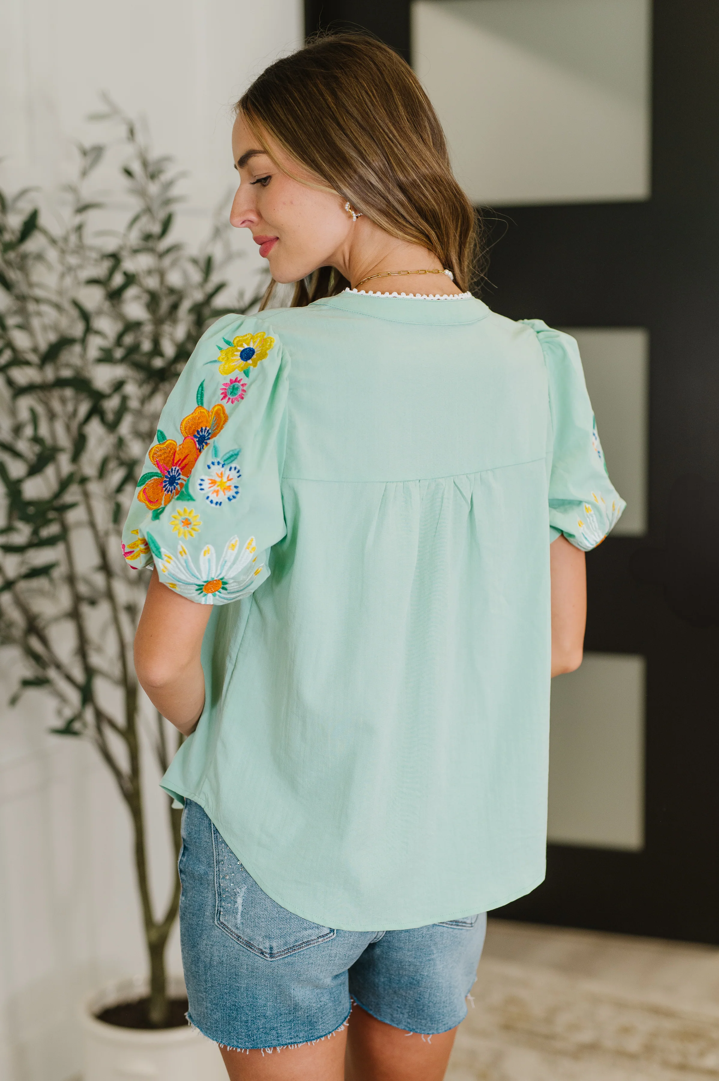 PREORDER: Embroidered Puff Sleeve V-Neck Blouse in Aqua - Ships in 2-3 weeks - Image 5