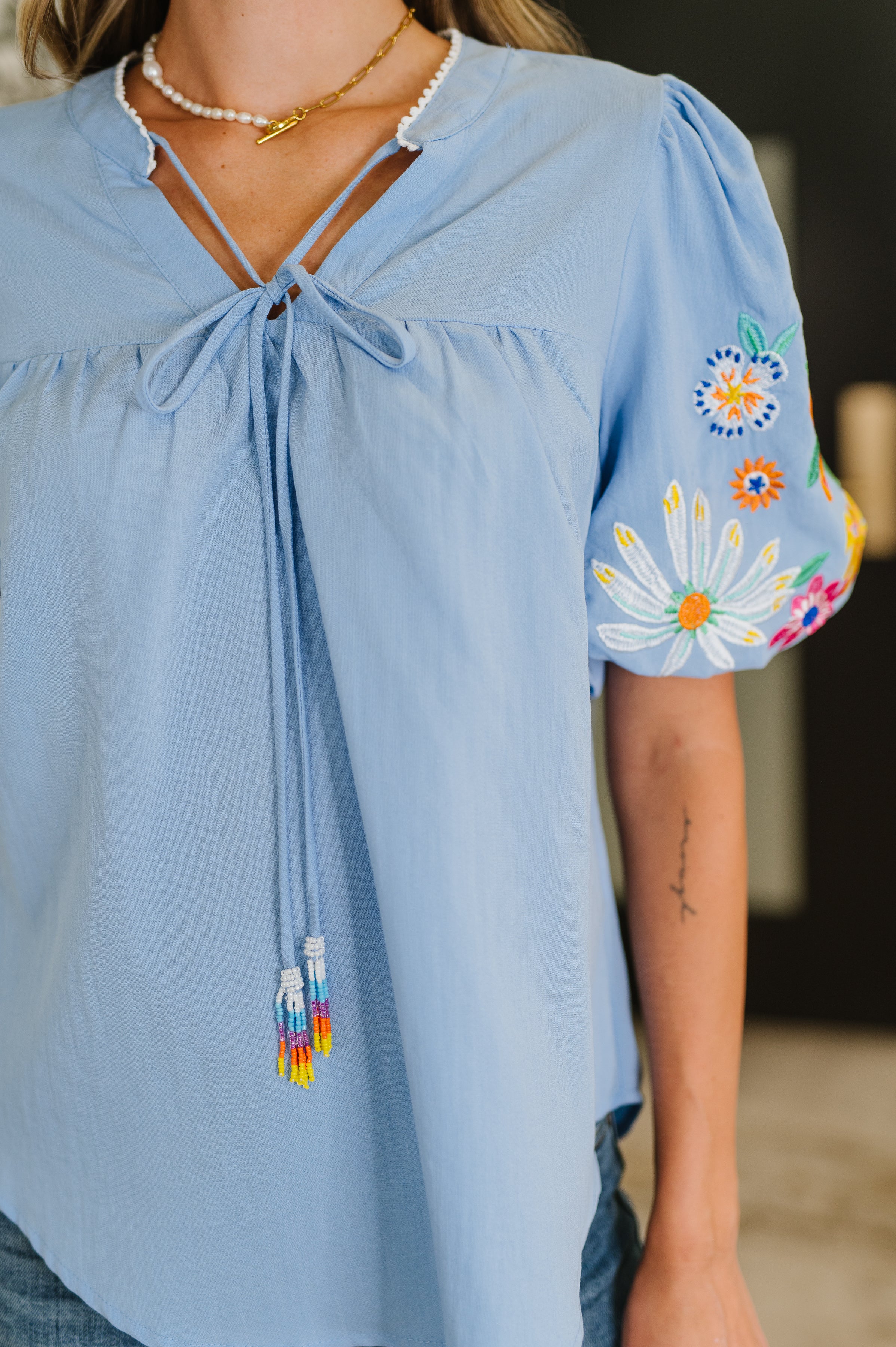 PREORDER: Embroidered Puff Sleeve V-Neck Blouse in Light Blue - Ships in 2-3 weeks - Image 2