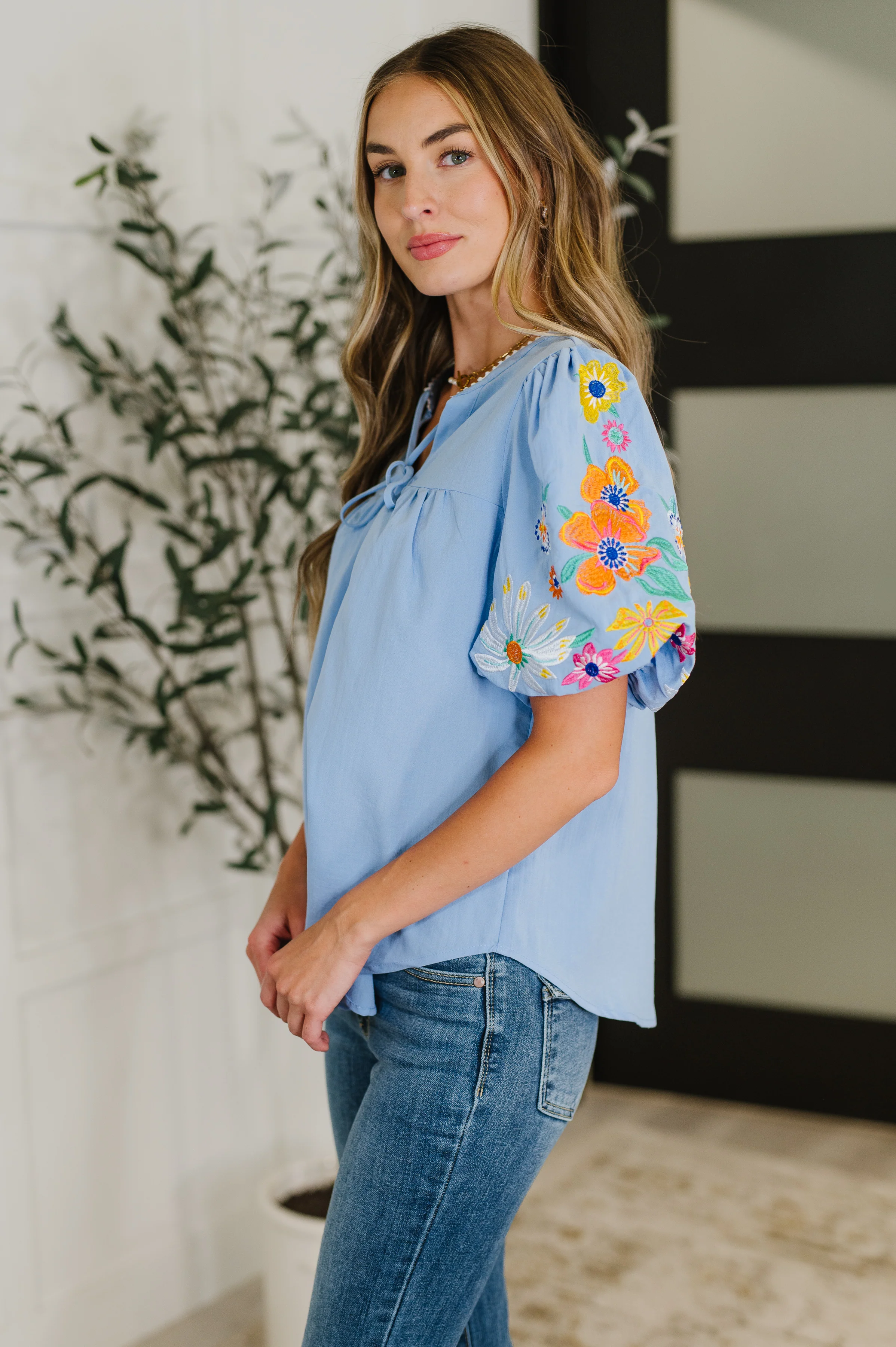 PREORDER: Embroidered Puff Sleeve V-Neck Blouse in Light Blue - Ships in 2-3 weeks - Image 4