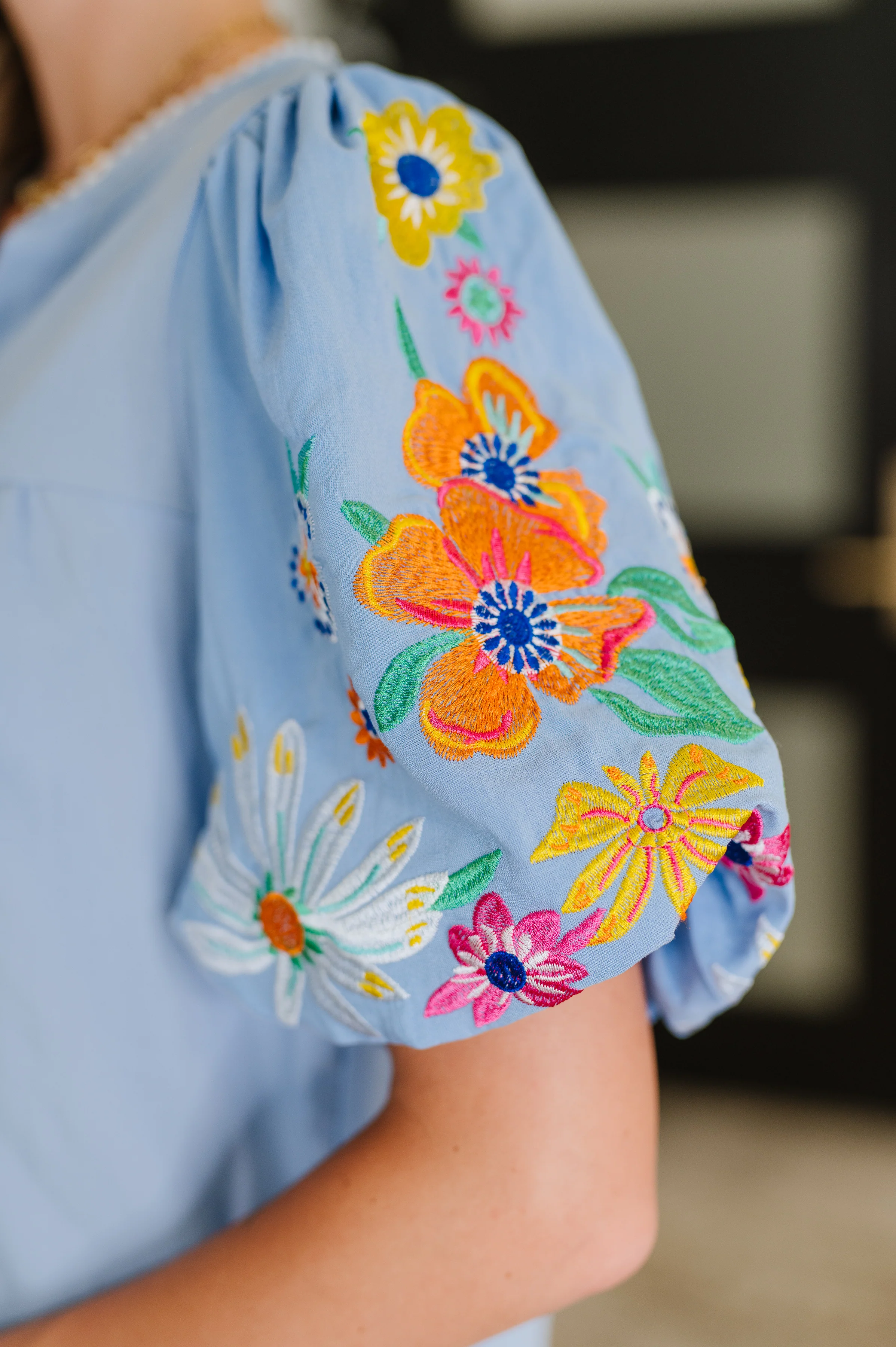 PREORDER: Embroidered Puff Sleeve V-Neck Blouse in Light Blue - Ships in 2-3 weeks - Image 5