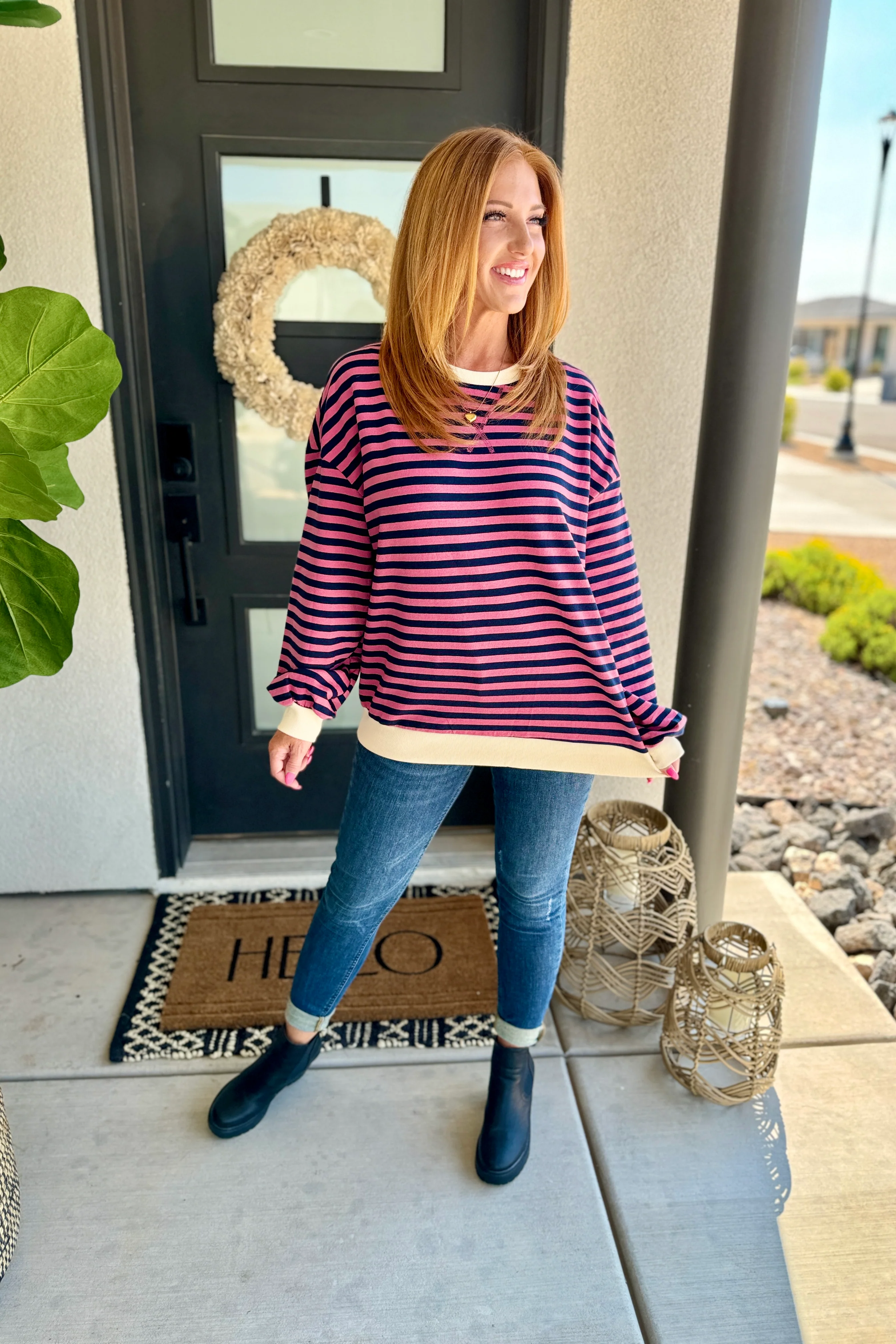 Best Selling Larson Contrast Pullover in Pink/Navy - RTS